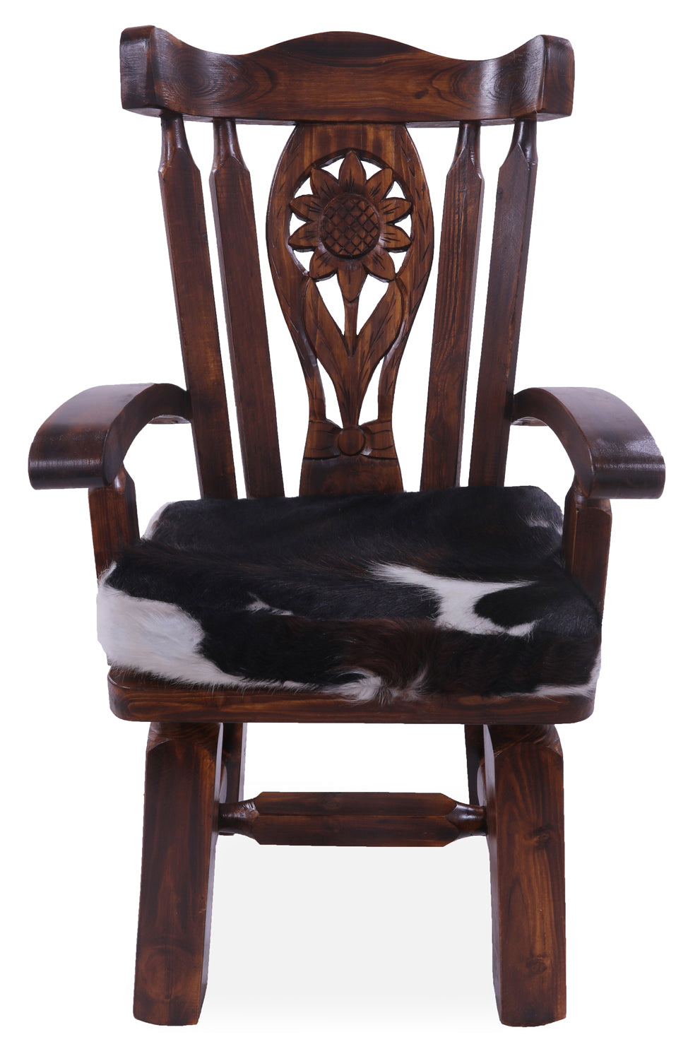 Reclaimed Wood Chair Handcarved Back Sunflower Removable Hair-On Cowhide Pillow - Golden Nile