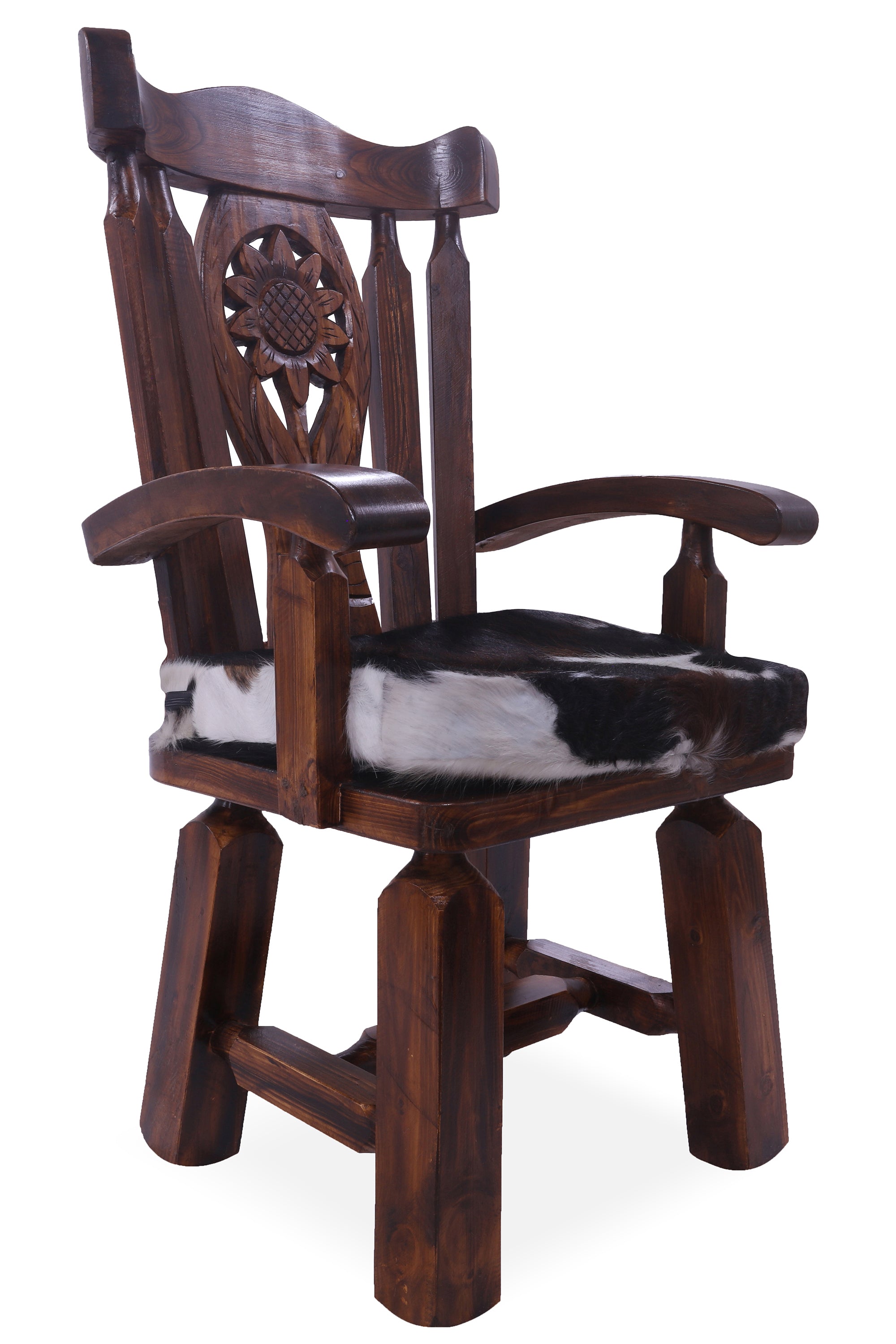 Reclaimed Wood Chair Handcarved Back Sunflower Removable Hair-On Cowhide Pillow - Golden Nile