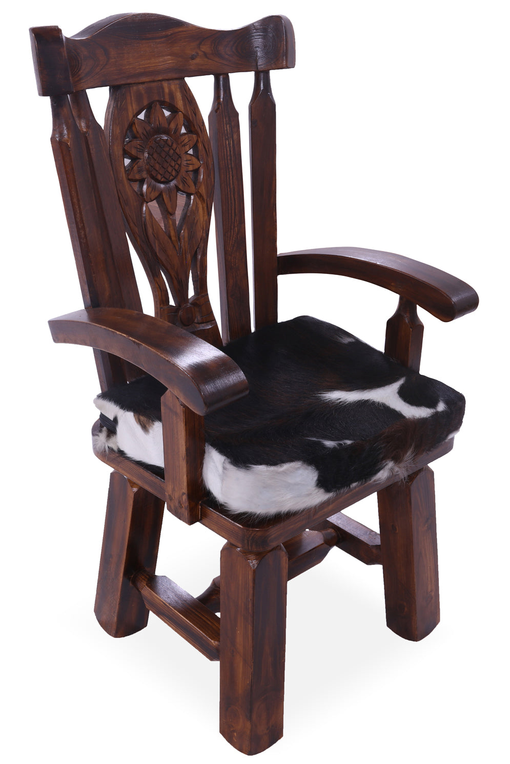 Reclaimed Wood Chair Handcarved Back Sunflower Removable Hair-On Cowhide Pillow - Golden Nile