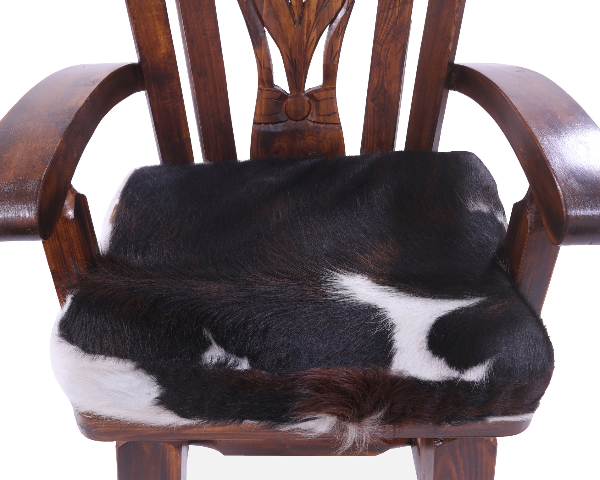Reclaimed Wood Chair Handcarved Back Sunflower Removable Hair-On Cowhide Pillow - Golden Nile