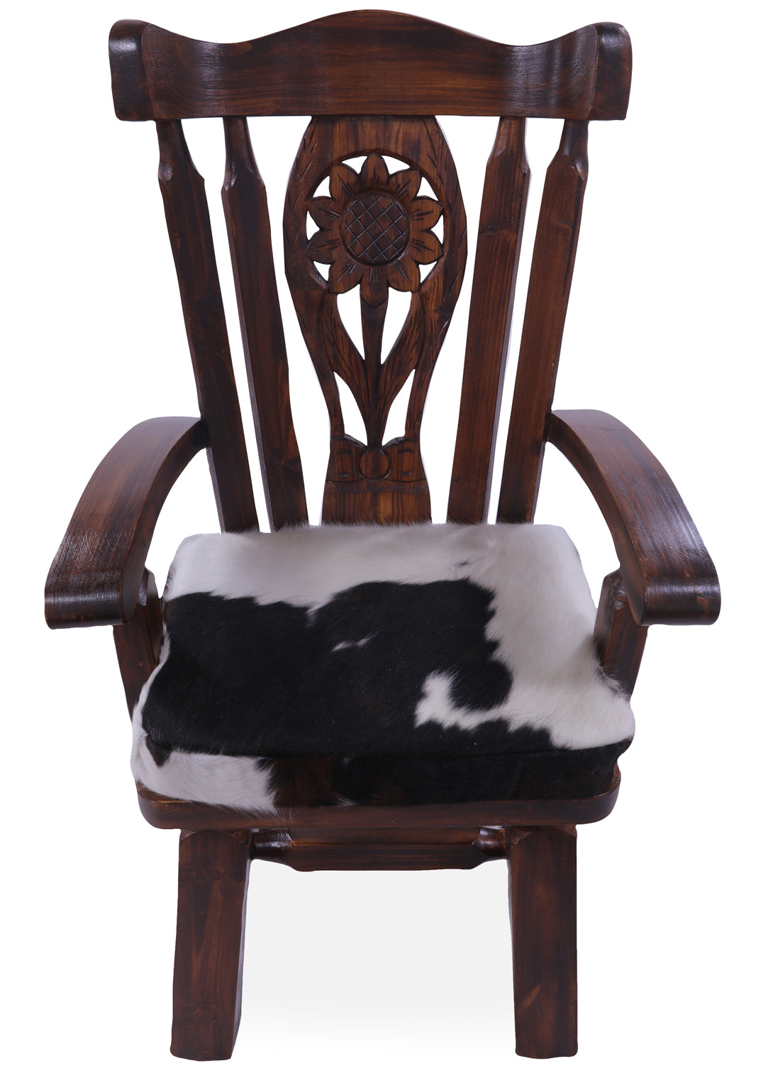 Solid Wood Chair Handcarved Back Sunflower Removable Hair-On Cowhide Pillow - Golden Nile