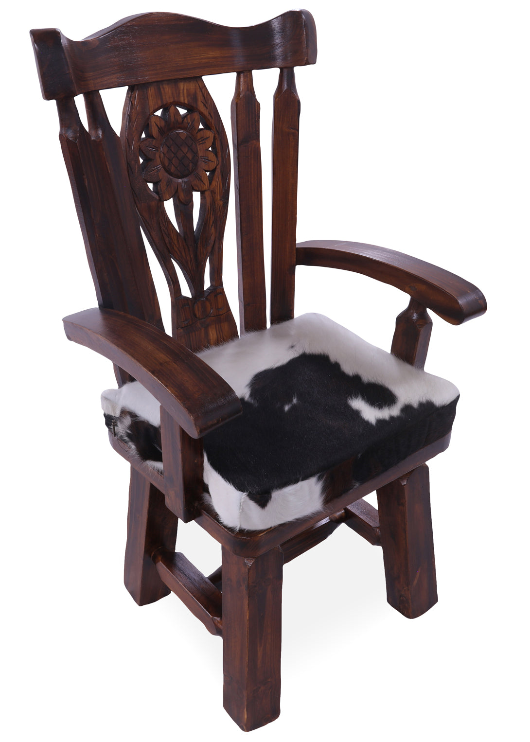 Solid Wood Chair Handcarved Back Sunflower Removable Hair-On Cowhide Pillow - Golden Nile
