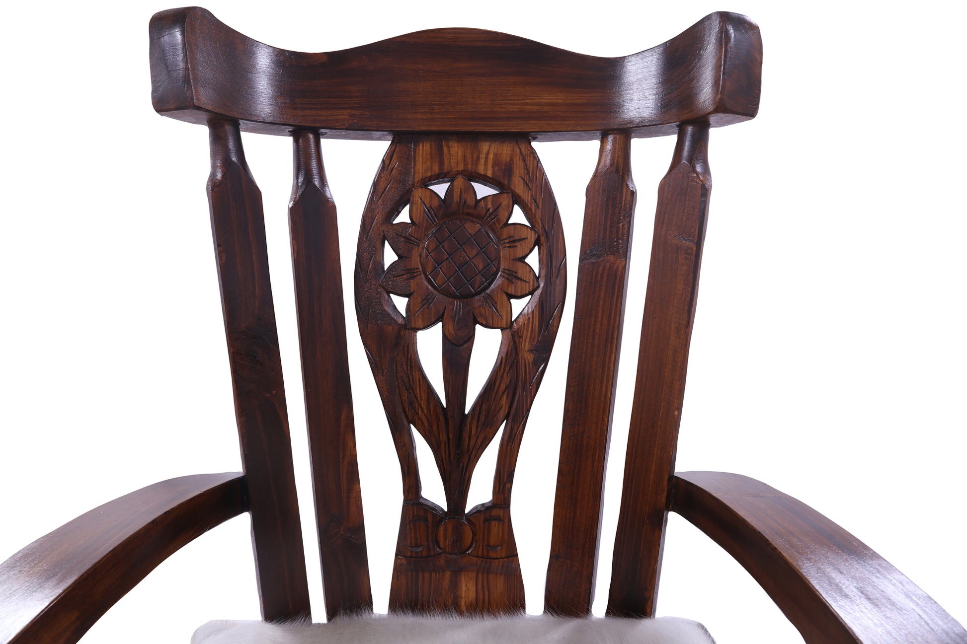 Solid Wood Chair Handcarved Back Sunflower Removable Hair-On Cowhide Pillow - Golden Nile
