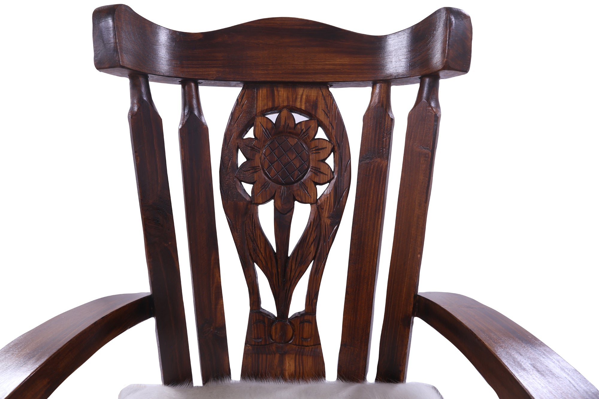 Solid Wood Chair Handcarved Back Sunflower Removable Hair-On Cowhide Pillow - Golden Nile