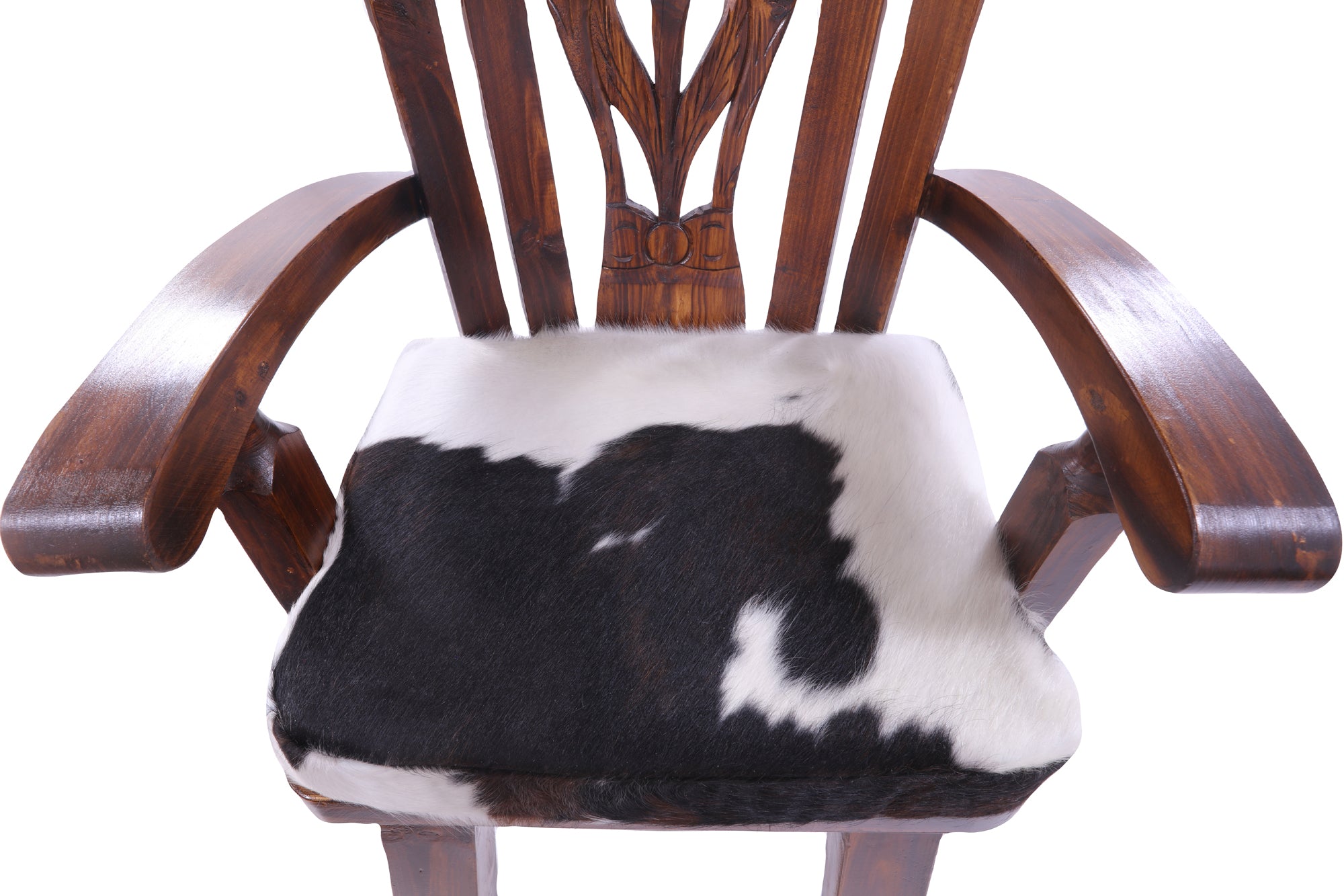 Solid Wood Chair Handcarved Back Sunflower Removable Hair-On Cowhide Pillow - Golden Nile