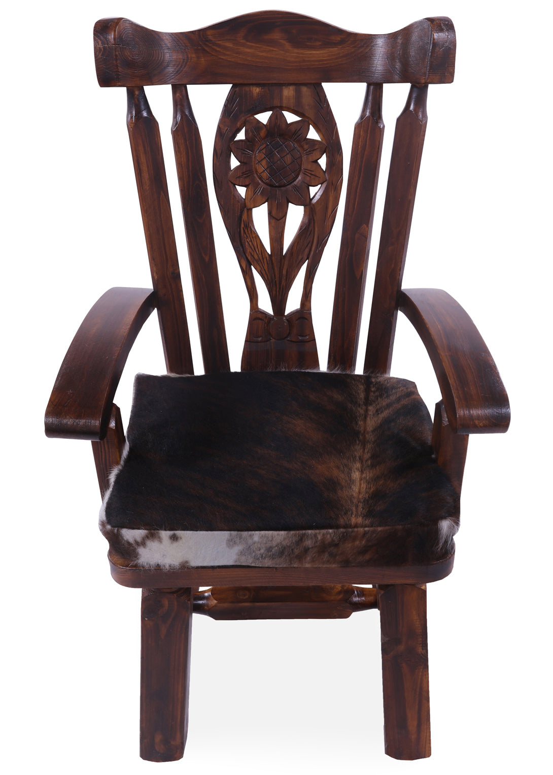 Reclaimed Wood Chair Handcarved Back Sunflower Removable Hair-On Cowhide Pillow - Golden Nile