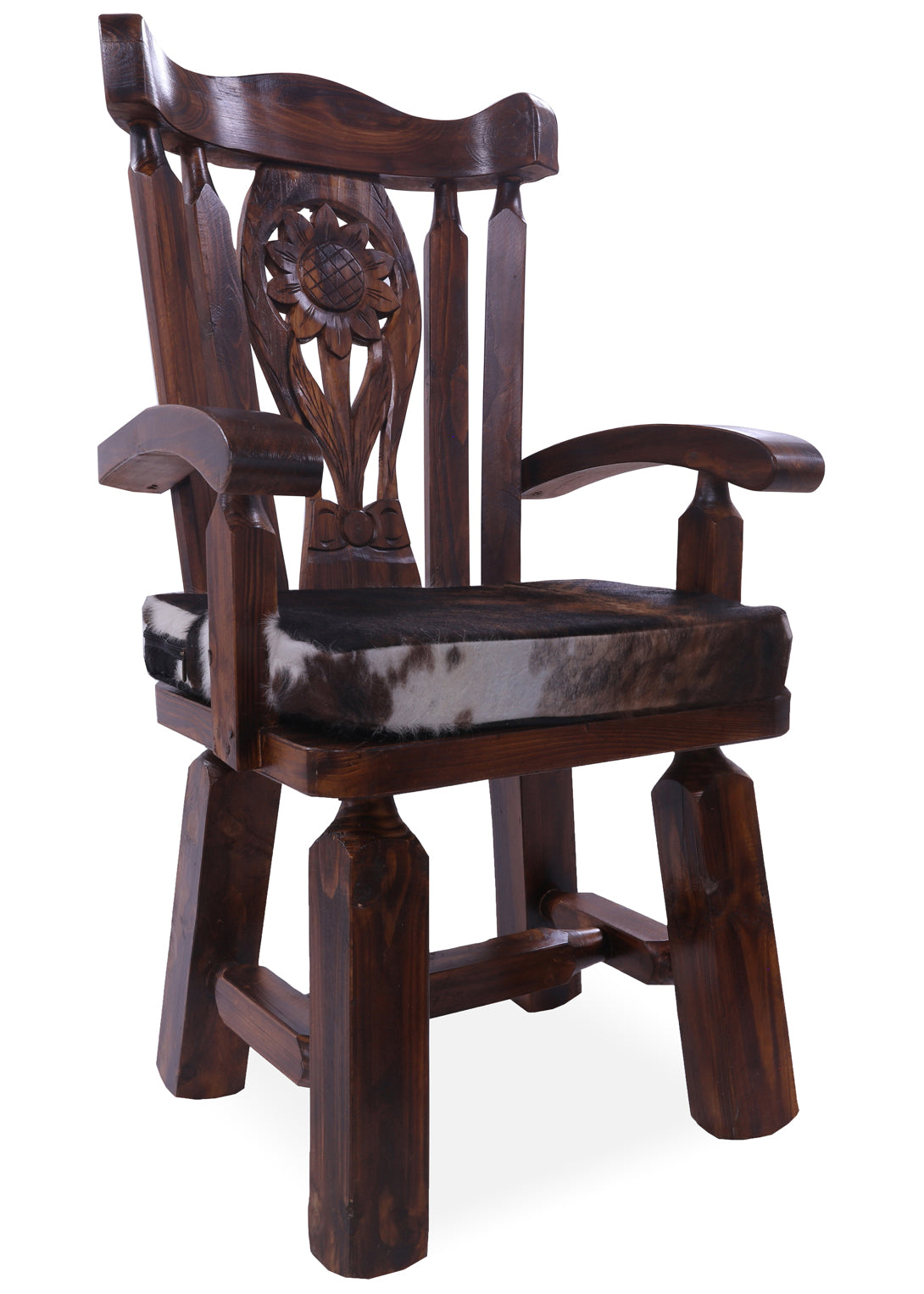 Reclaimed Wood Chair Handcarved Back Sunflower Removable Hair-On Cowhide Pillow - Golden Nile