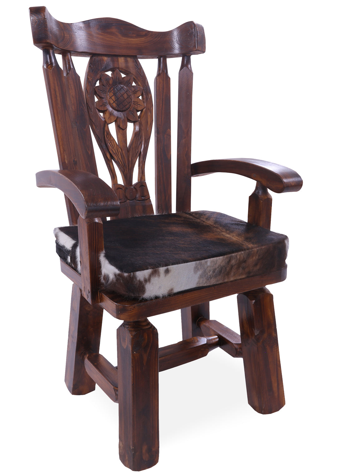 Reclaimed Wood Chair Handcarved Back Sunflower Removable Hair-On Cowhide Pillow - Golden Nile