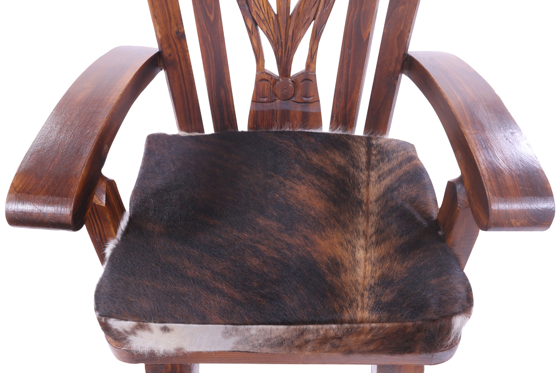Reclaimed Wood Chair Handcarved Back Sunflower Removable Hair-On Cowhide Pillow - Golden Nile