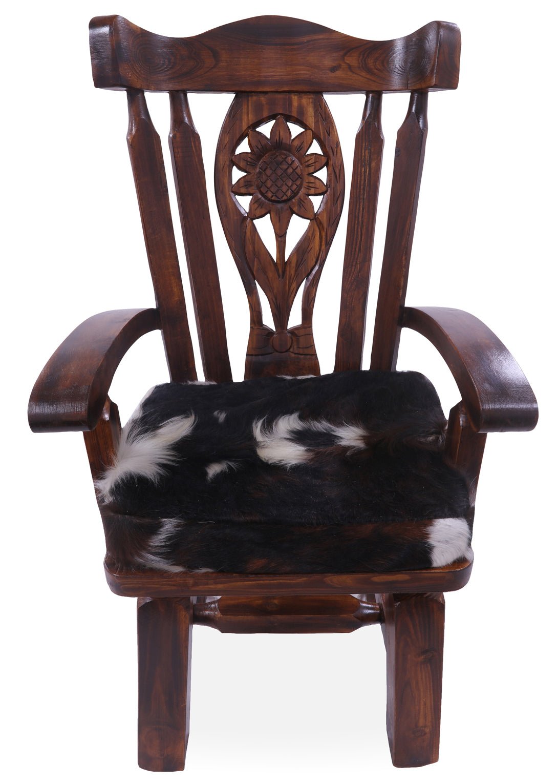 Reclaimed Wood Chair Handcarved Back Sunflower Removable Hair-On Cowhide Pillow - Golden Nile