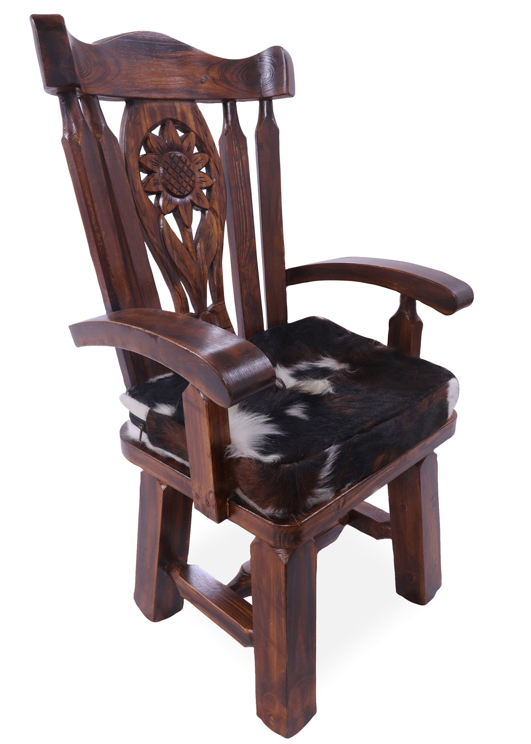 Reclaimed Wood Chair Handcarved Back Sunflower Removable Hair-On Cowhide Pillow - Golden Nile