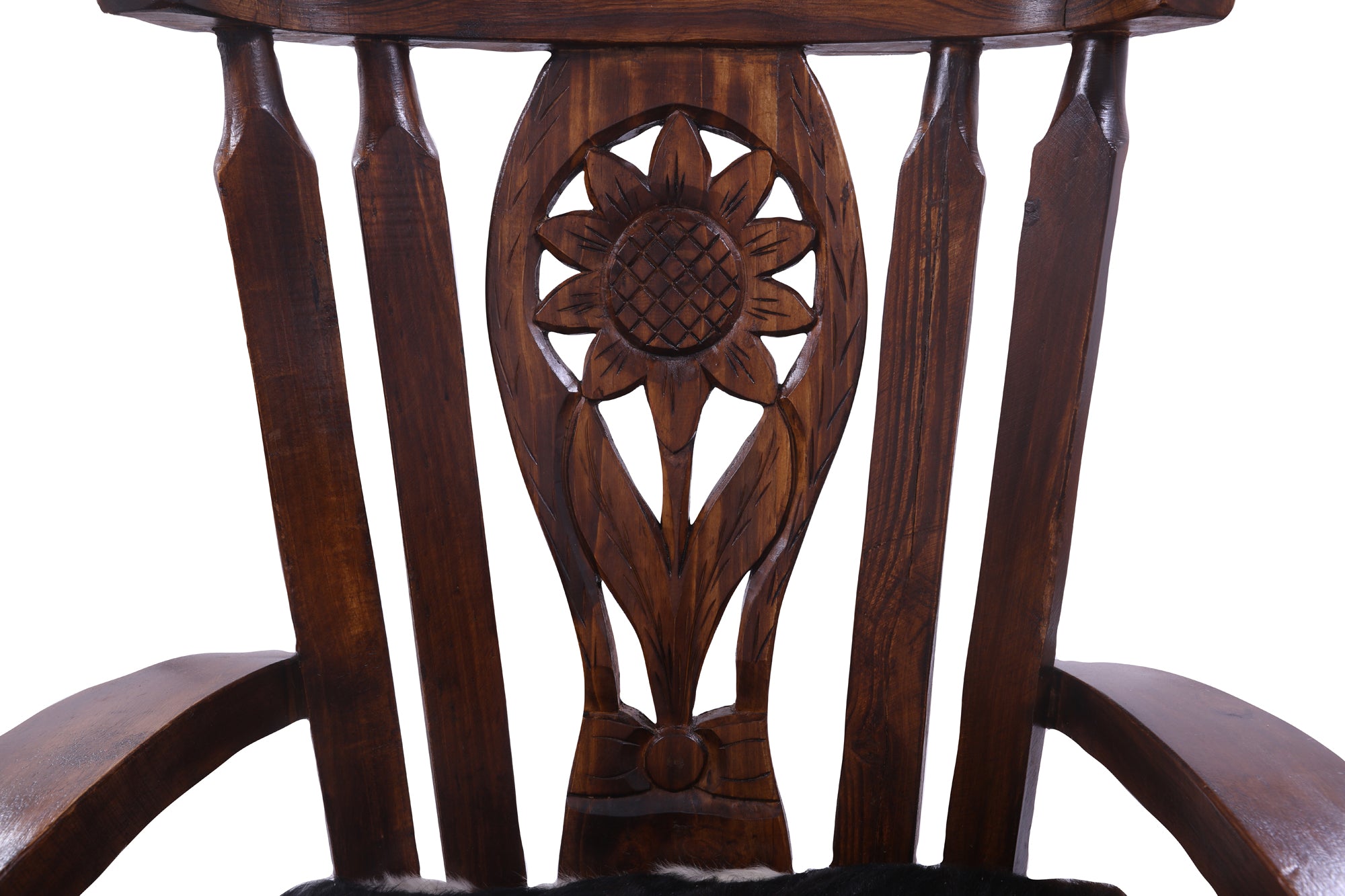 Reclaimed Wood Chair Handcarved Back Sunflower Removable Hair-On Cowhide Pillow - Golden Nile