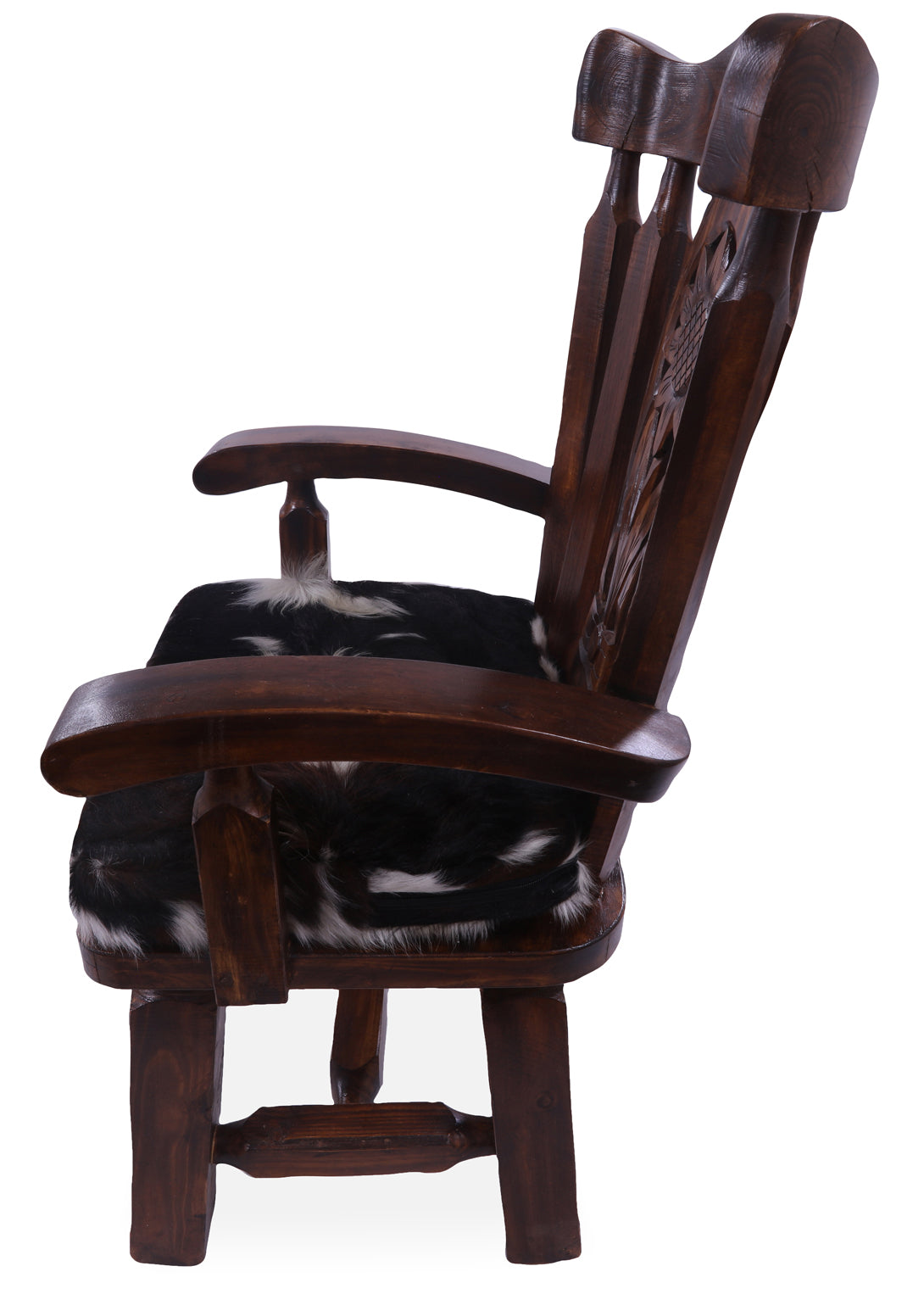 Reclaimed Wood Chair Handcarved Back Sunflower Removable Hair-On Cowhide Pillow - Golden Nile