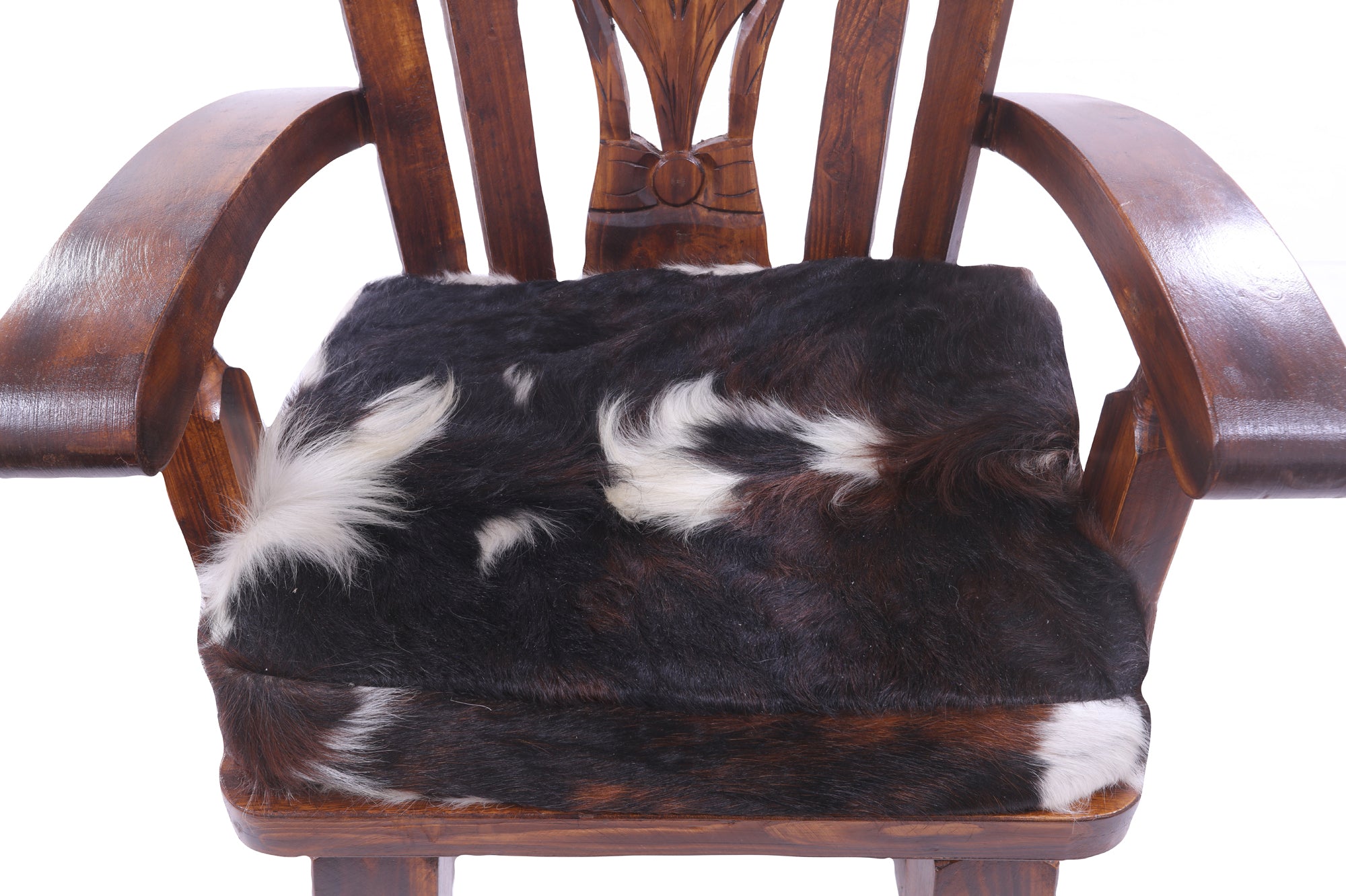 Reclaimed Wood Chair Handcarved Back Sunflower Removable Hair-On Cowhide Pillow - Golden Nile