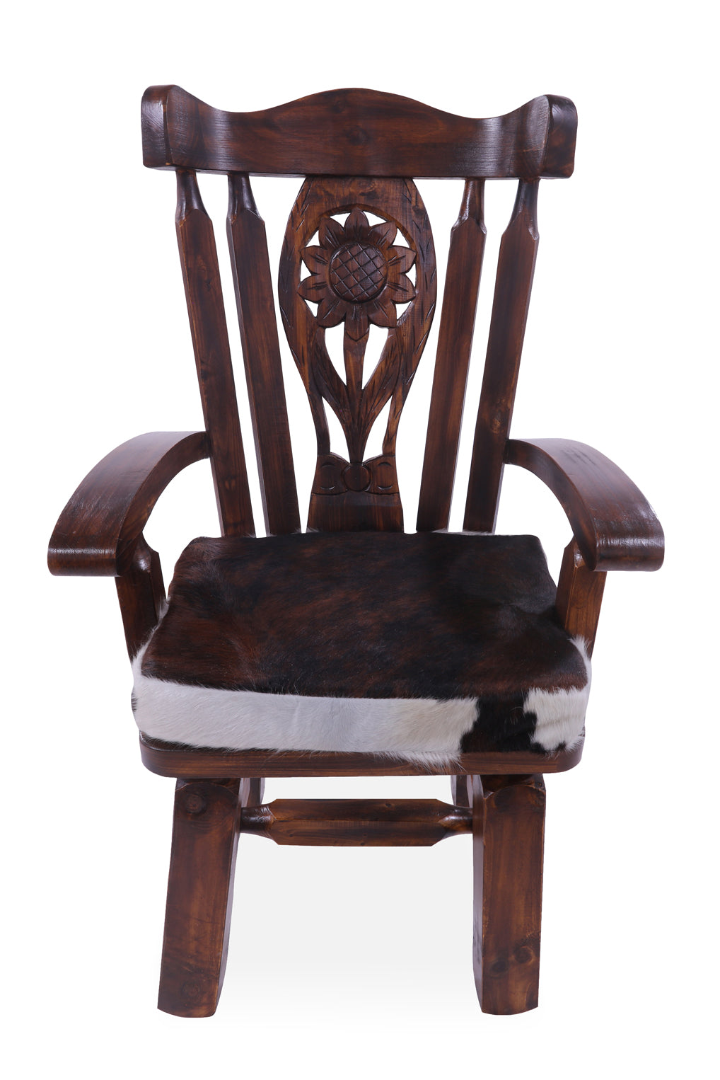 Reclaimed Wood Chair Handcarved Back Sunflower Removable Hair-On Cowhide Pillow - Golden Nile