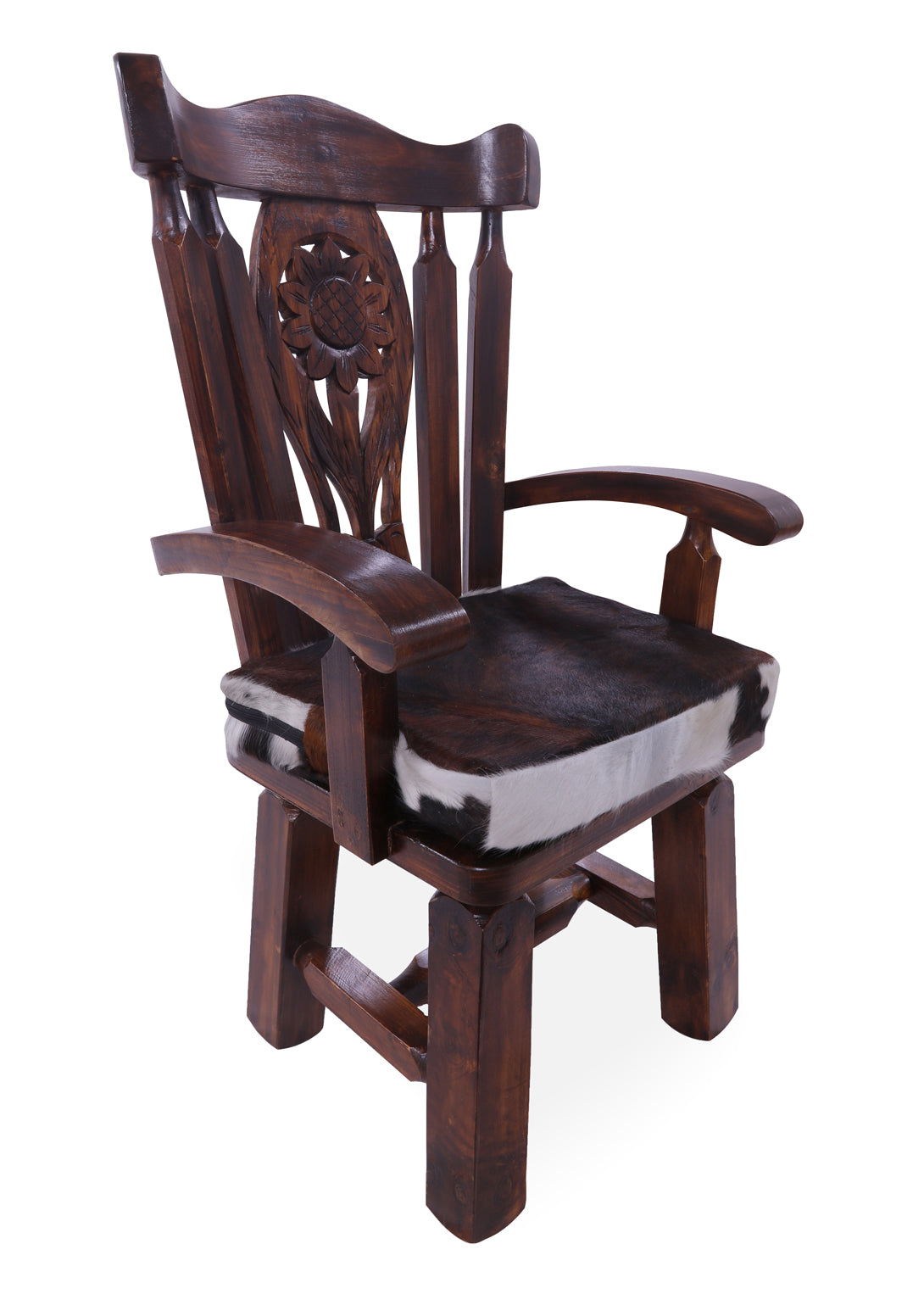 Reclaimed Wood Chair Handcarved Back Sunflower Removable Hair-On Cowhide Pillow - Golden Nile
