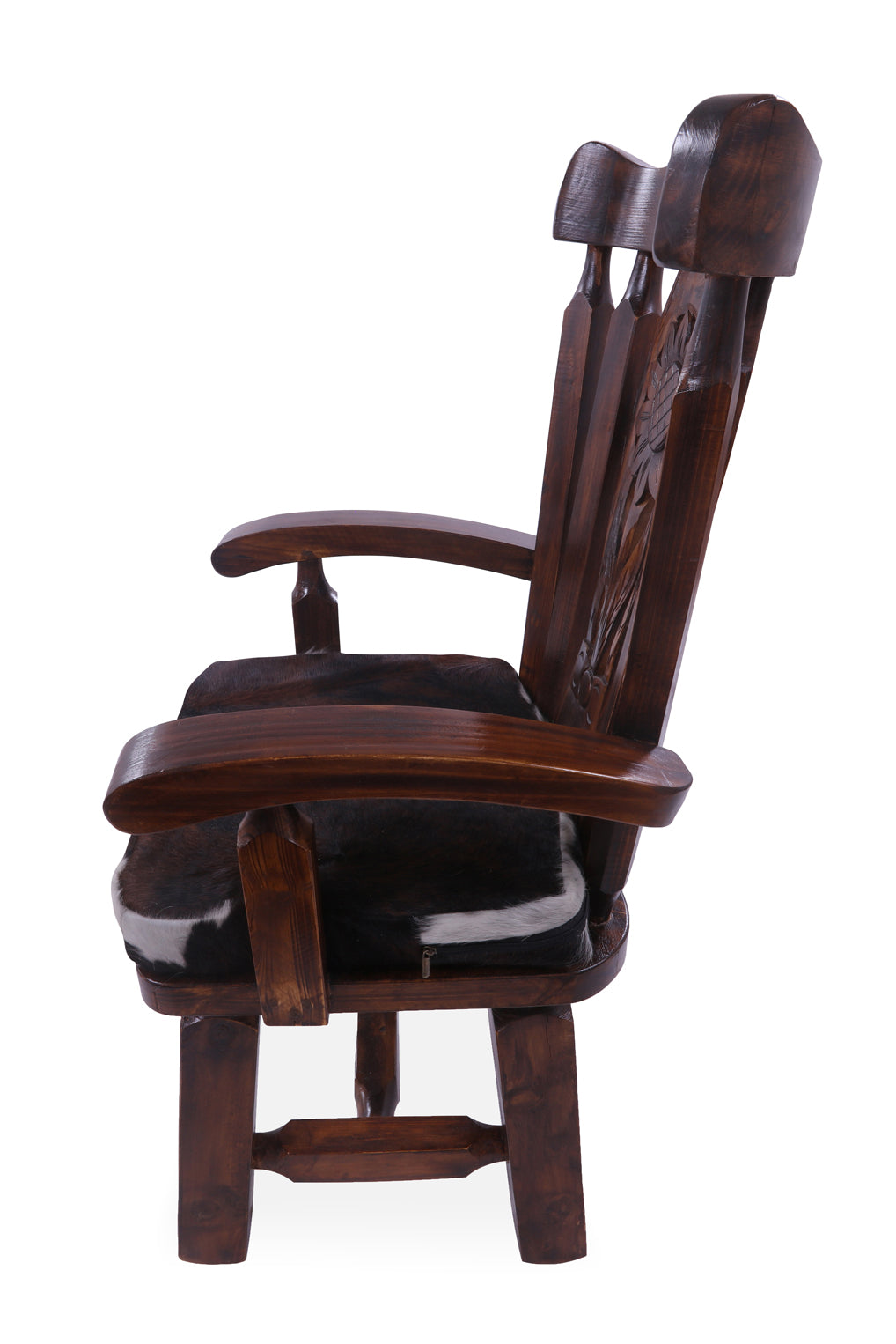 Reclaimed Wood Chair Handcarved Back Sunflower Removable Hair-On Cowhide Pillow - Golden Nile