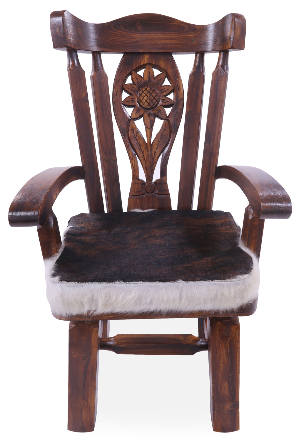 Reclaimed Wood Chair Handcarved Back Sunflower Removable Hair-On Cowhide Pillow - Golden Nile