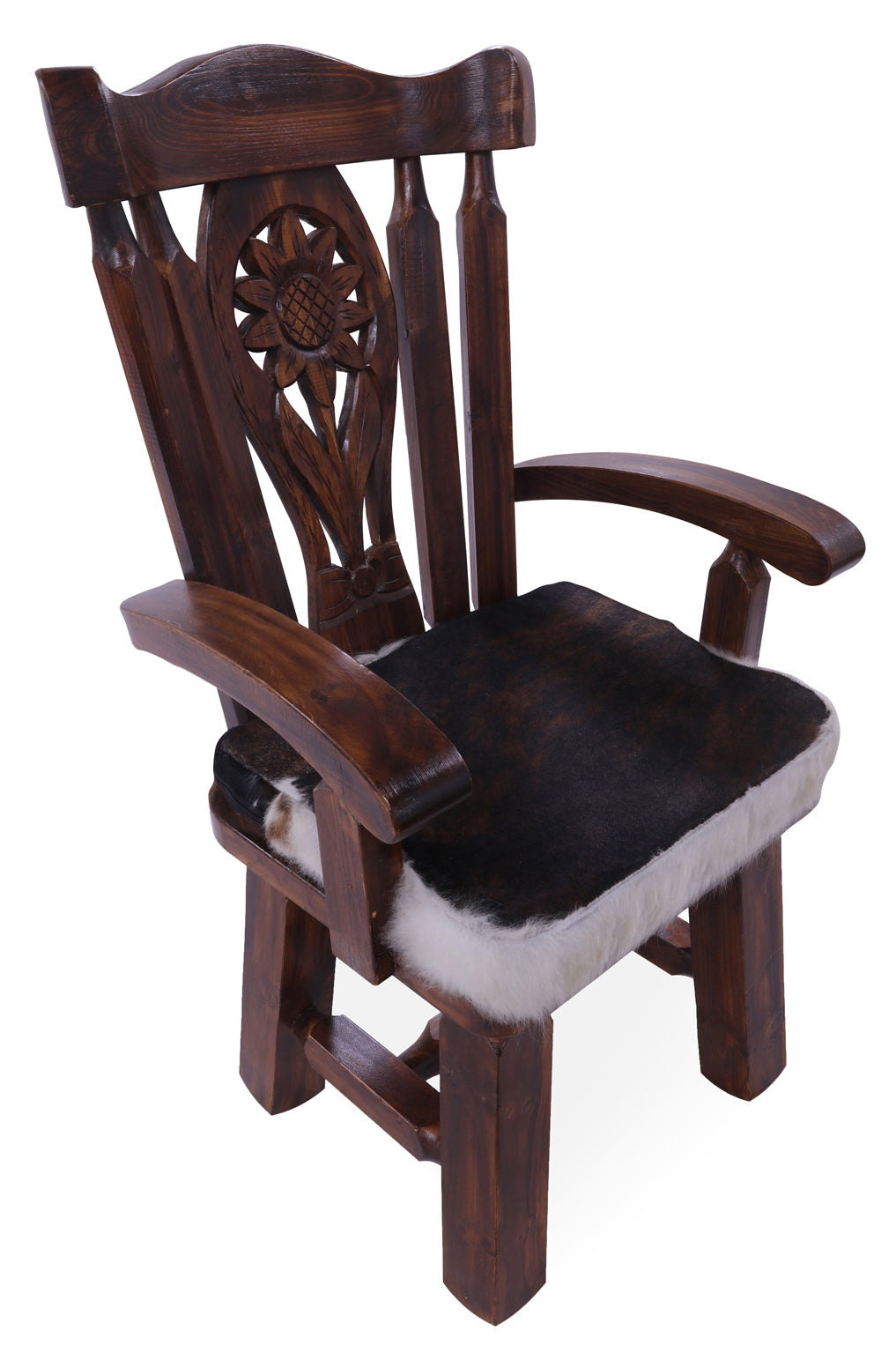 Reclaimed Wood Chair Handcarved Back Sunflower Removable Hair-On Cowhide Pillow - Golden Nile