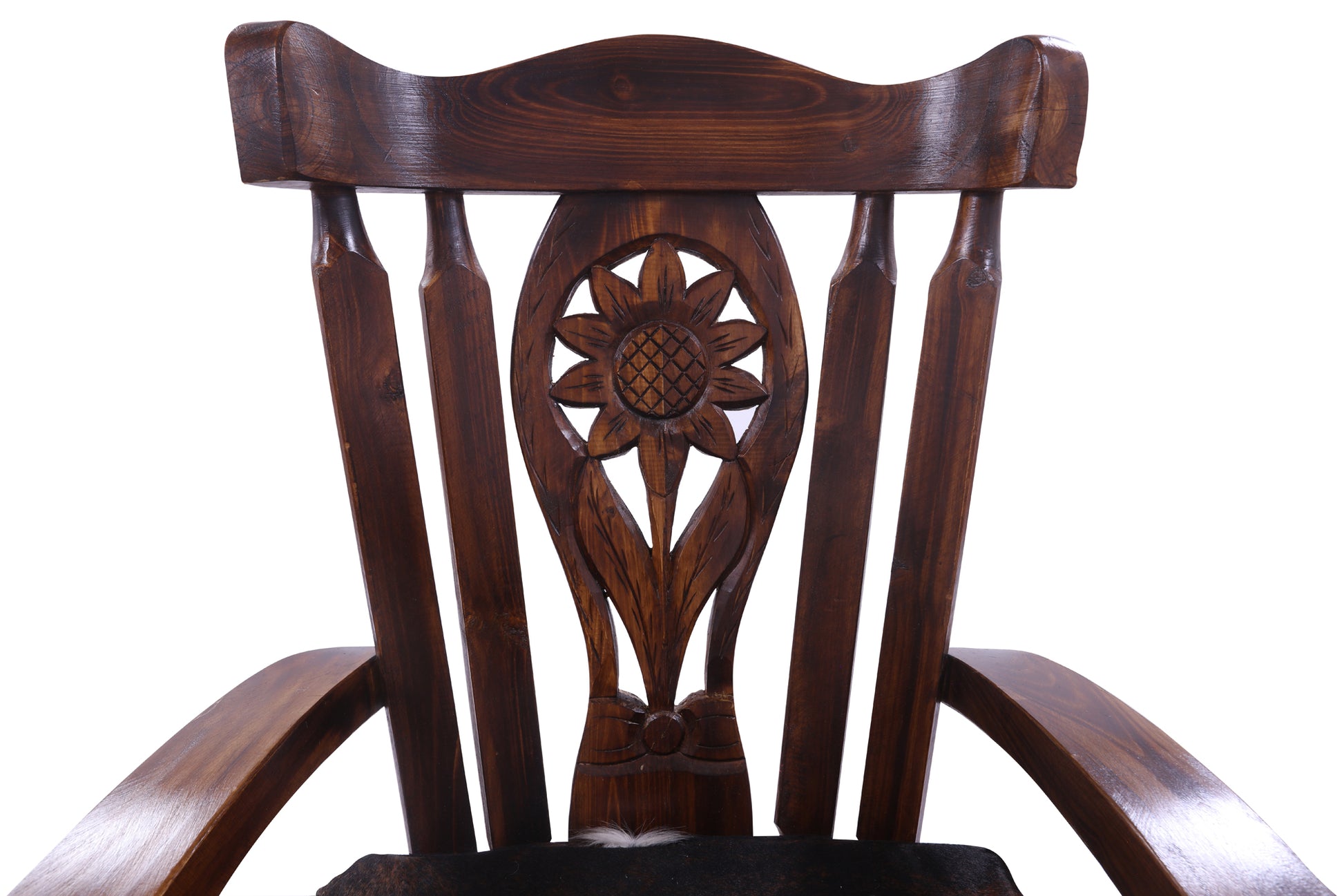 Reclaimed Wood Chair Handcarved Back Sunflower Removable Hair-On Cowhide Pillow - Golden Nile