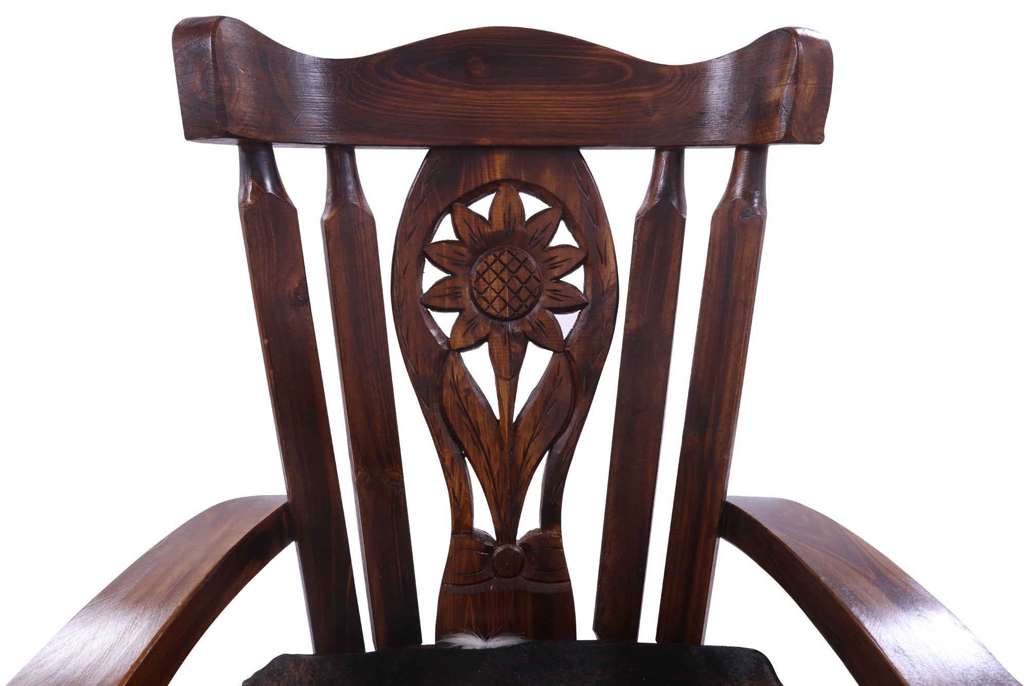 Reclaimed Wood Chair Handcarved Back Sunflower Removable Hair-On Cowhide Pillow - Golden Nile
