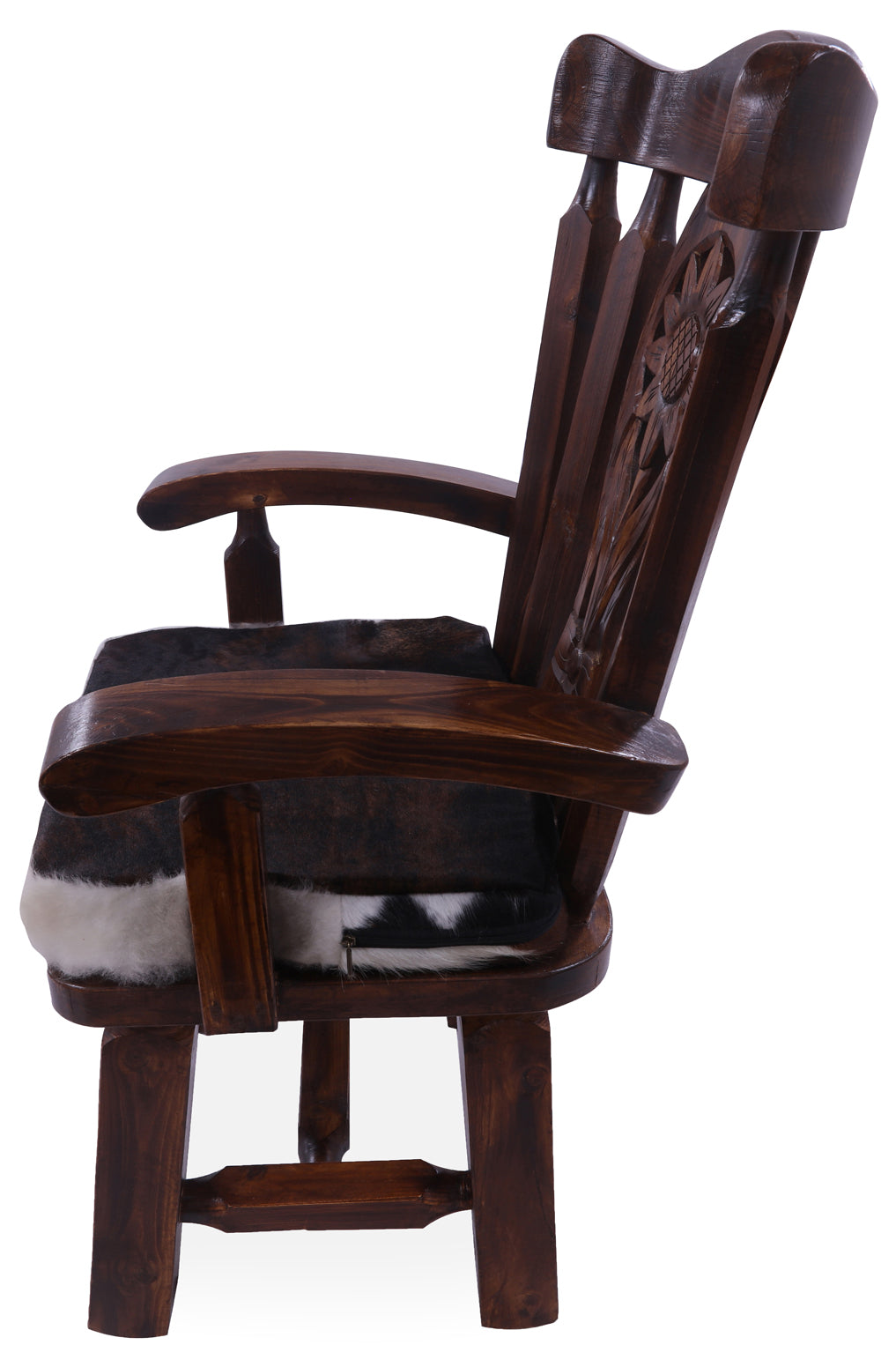 Reclaimed Wood Chair Handcarved Back Sunflower Removable Hair-On Cowhide Pillow - Golden Nile