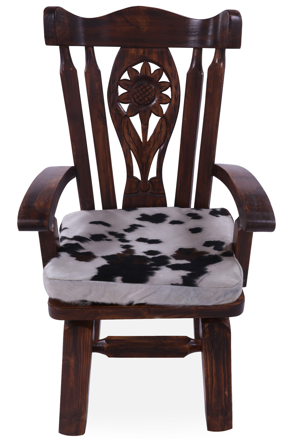 Reclaimed Wood Chair Handcarved Back Sunflower Removable Hair-On Cowhide Pillow - Golden Nile