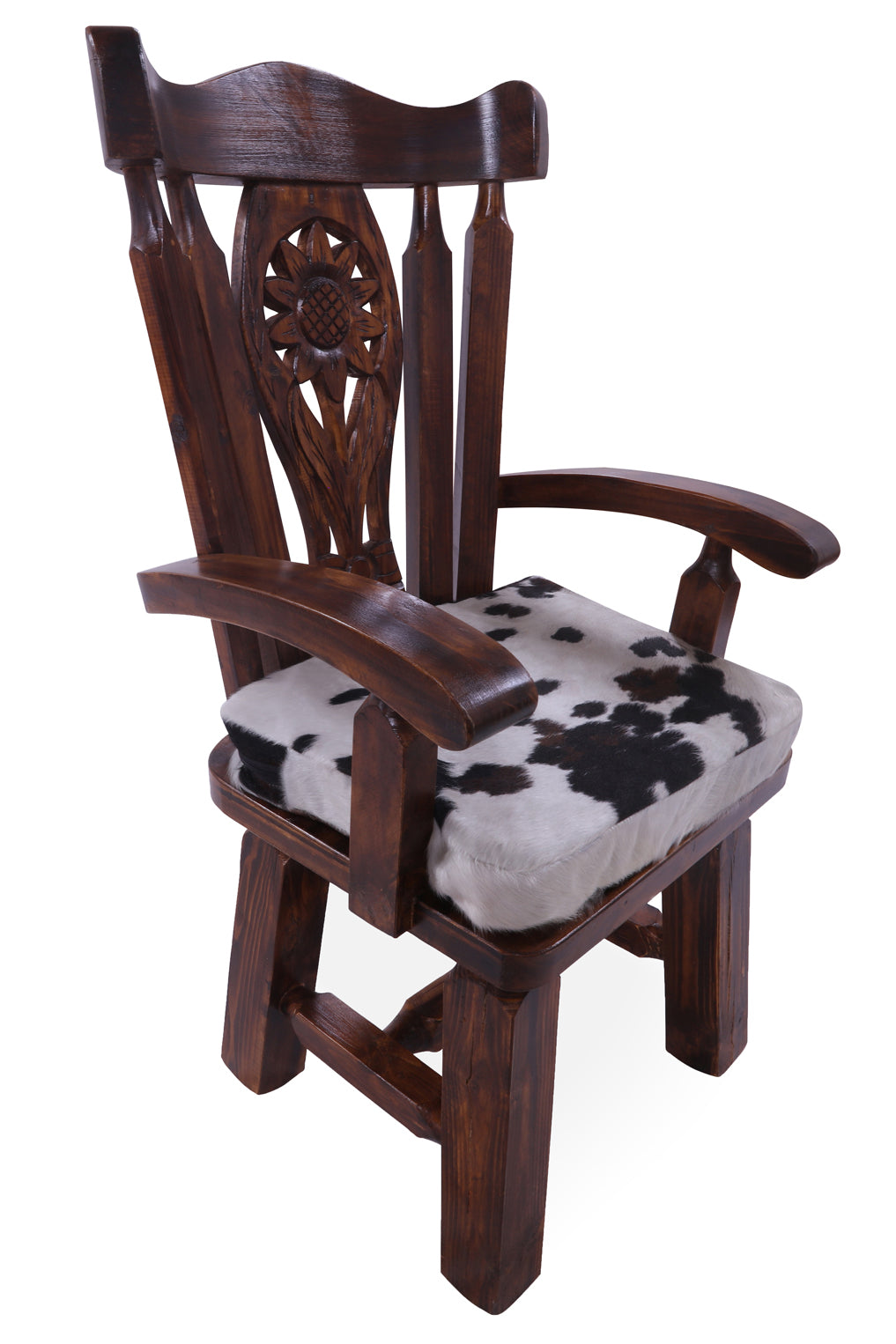 Reclaimed Wood Chair Handcarved Back Sunflower Removable Hair-On Cowhide Pillow - Golden Nile