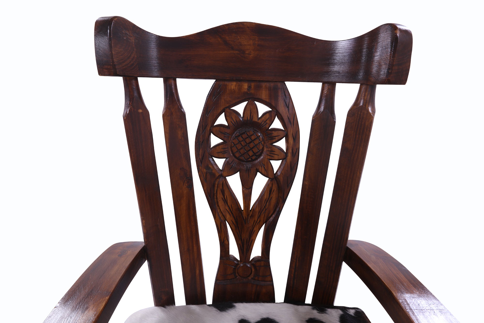 Reclaimed Wood Chair Handcarved Back Sunflower Removable Hair-On Cowhide Pillow - Golden Nile