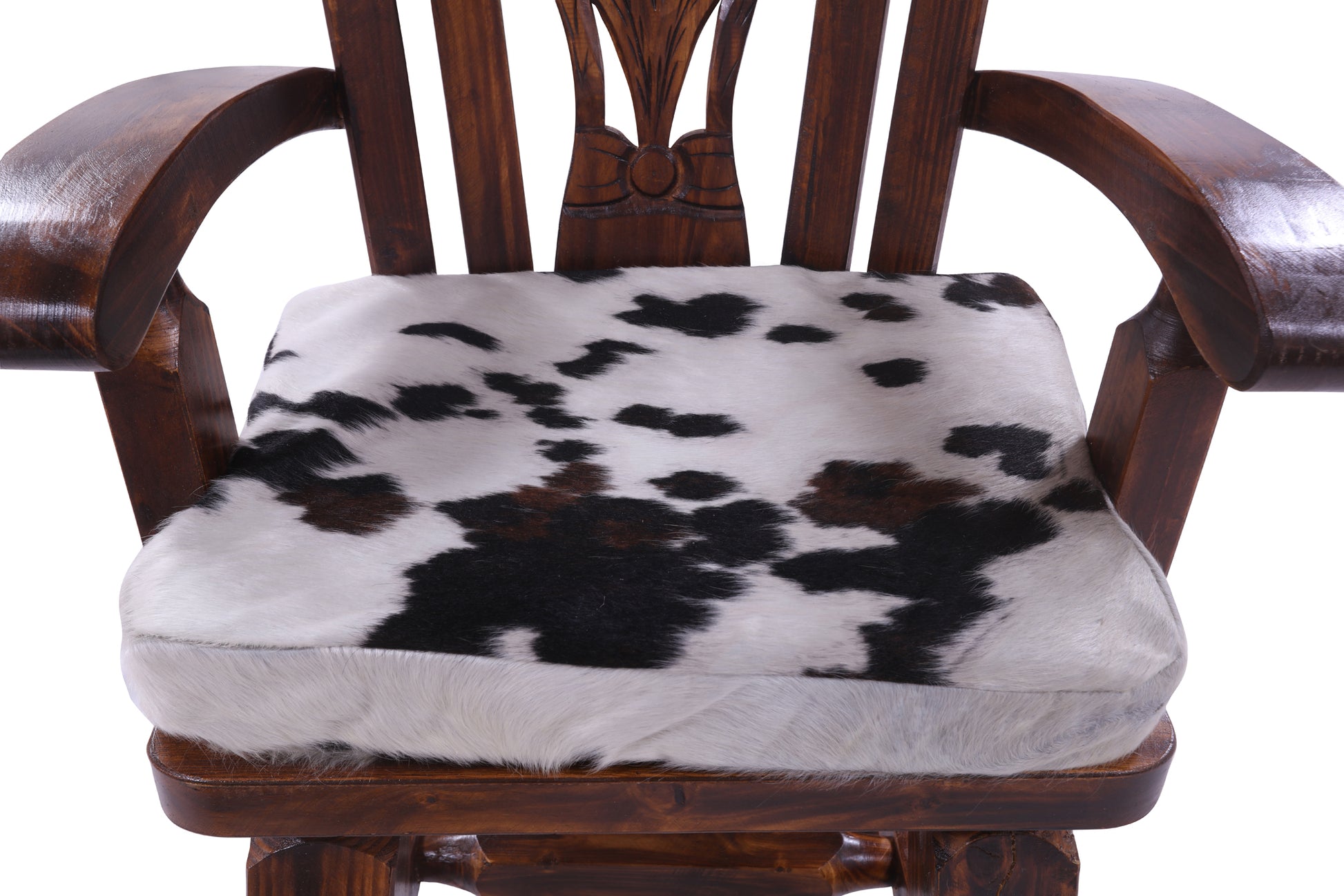 Reclaimed Wood Chair Handcarved Back Sunflower Removable Hair-On Cowhide Pillow - Golden Nile