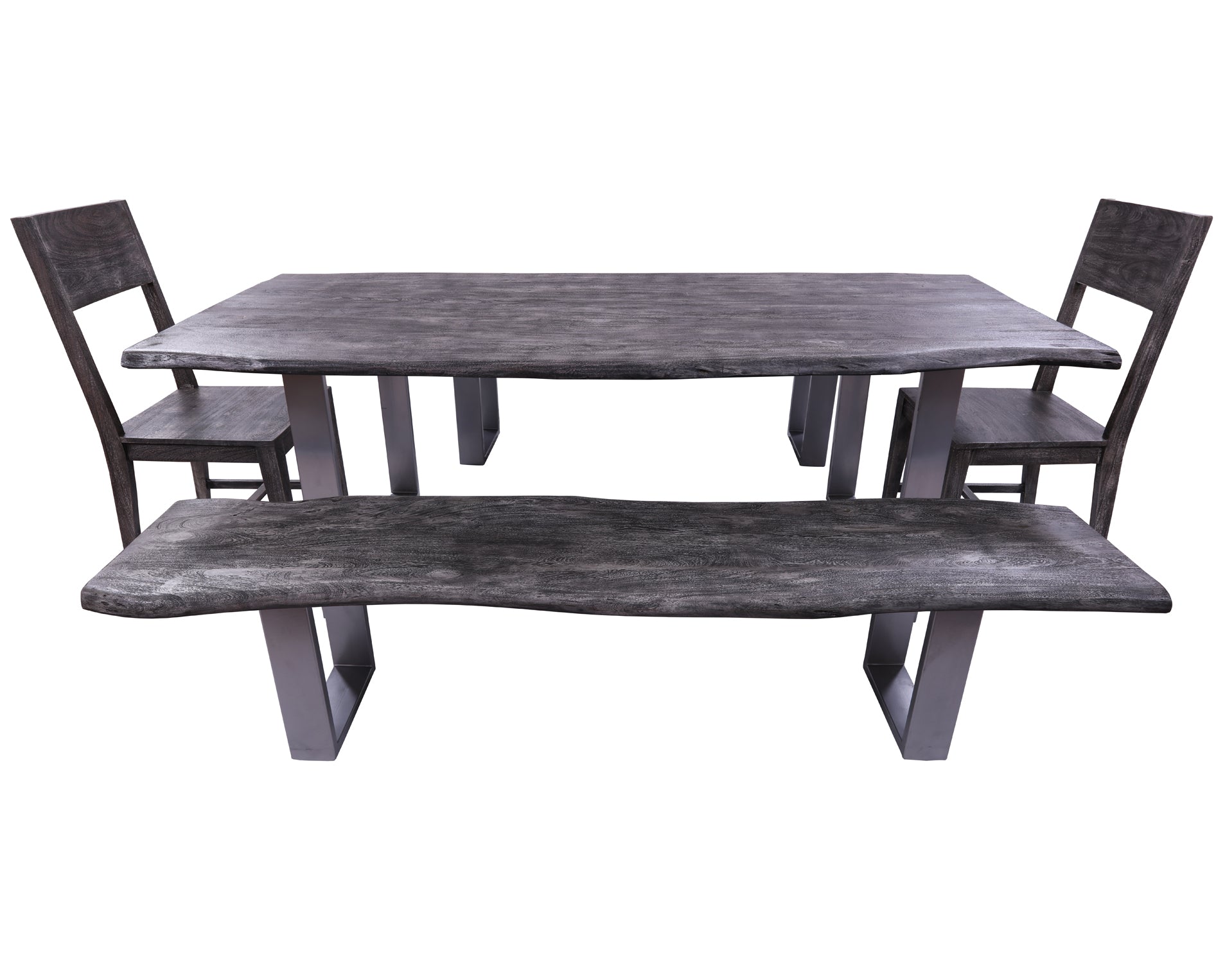 Grey Solid Wood 5 Piece Dining Set With Metal Legs - Table, Two Bench and Two Chairs - Golden Nile