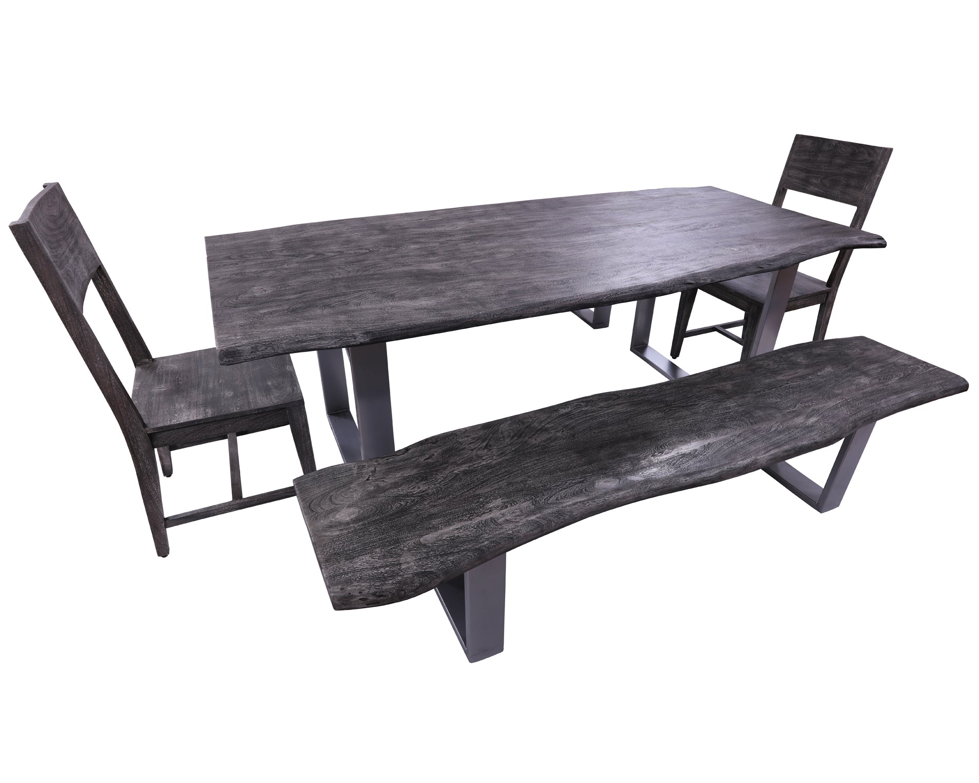 Grey Solid Wood 5 Piece Dining Set With Metal Legs - Table, Two Bench and Two Chairs - Golden Nile
