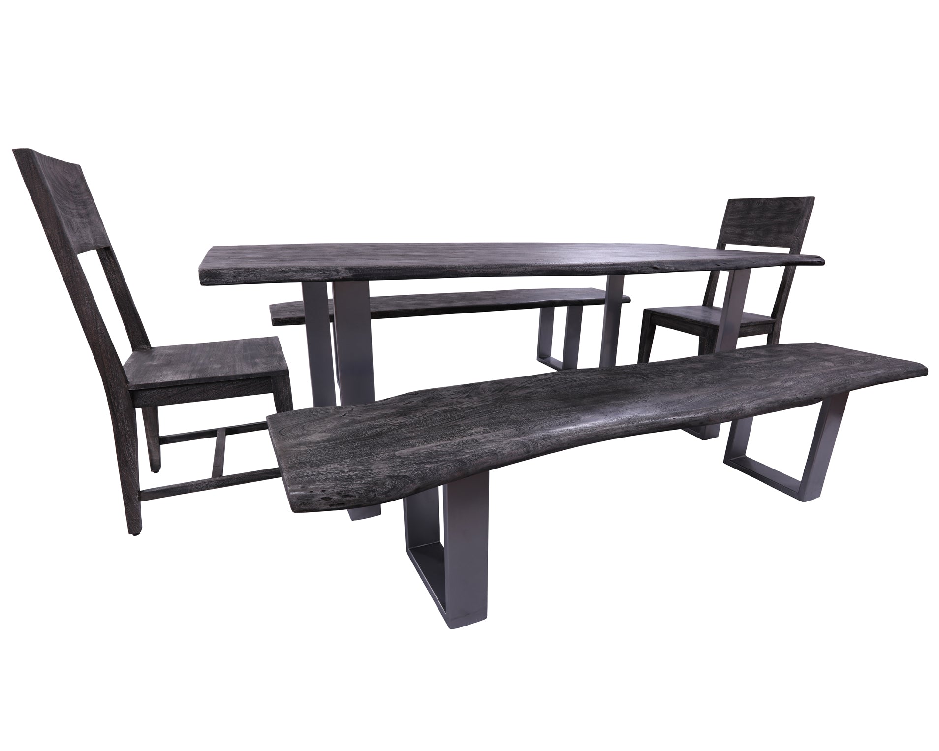 Grey Solid Wood 5 Piece Dining Set With Metal Legs - Table, Two Bench and Two Chairs - Golden Nile