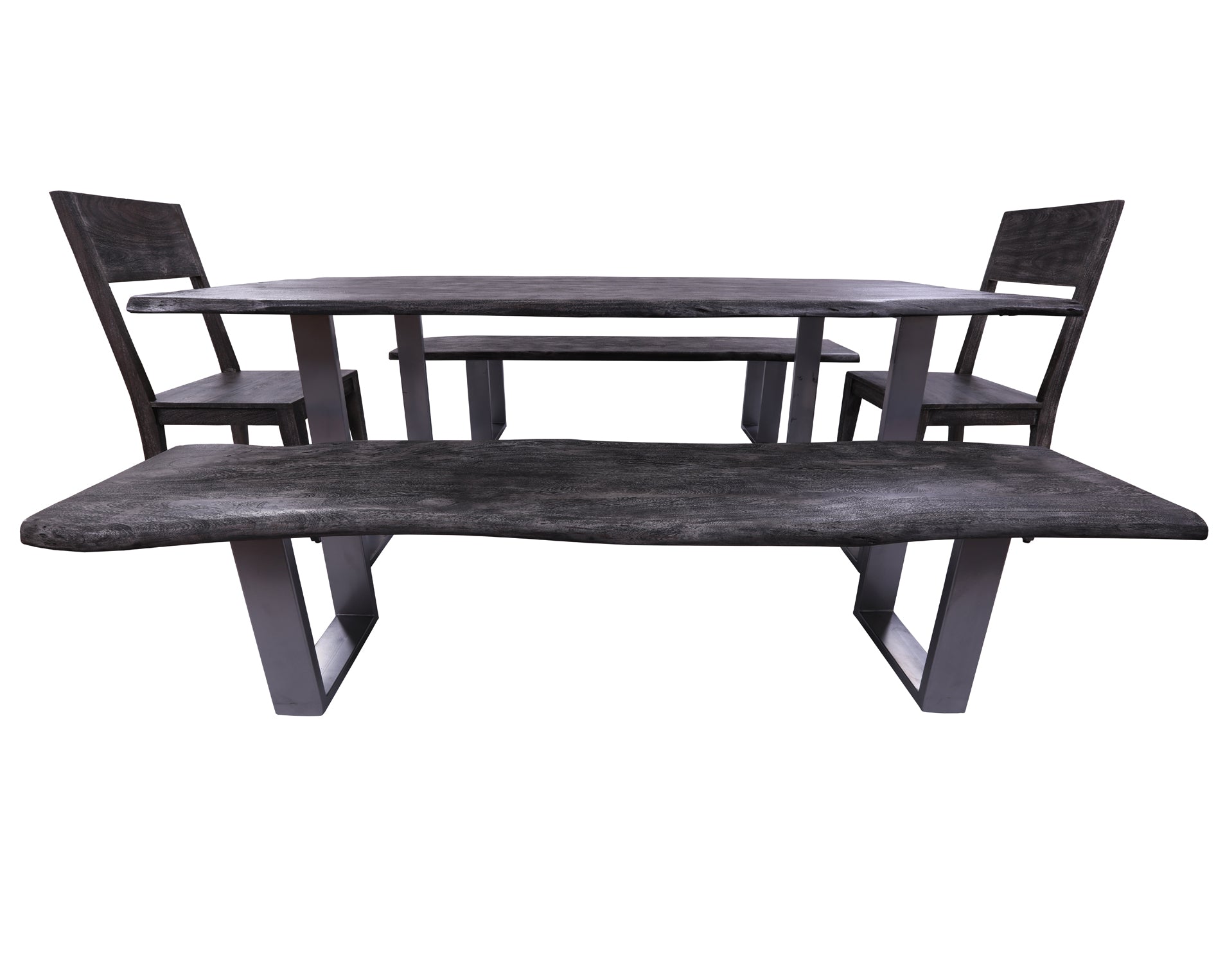 Grey Solid Wood 5 Piece Dining Set With Metal Legs - Table, Two Bench and Two Chairs - Golden Nile