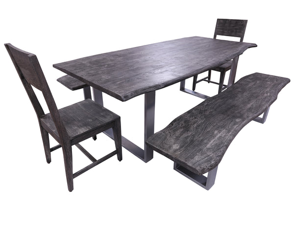 Grey Solid Wood 5 Piece Dining Set With Metal Legs - Table, Two Bench and Two Chairs - Golden Nile