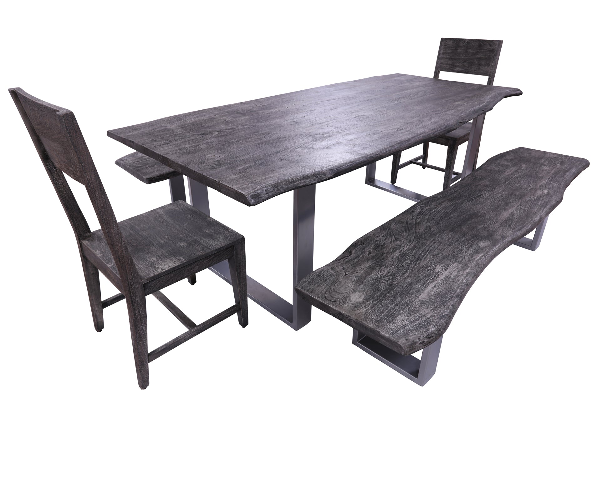 Grey Solid Wood 5 Piece Dining Set With Metal Legs - Table, Two Bench and Two Chairs - Golden Nile