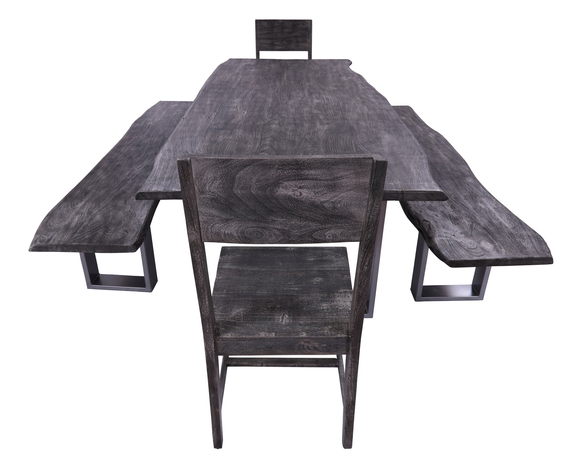 Grey Solid Wood 5 Piece Dining Set With Metal Legs - Table, Two Bench and Two Chairs - Golden Nile