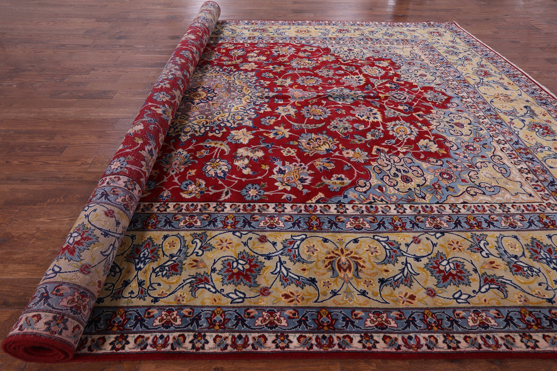 Red Fine Isfahan Hand Knotted Rug - 11' 2" X 17' 1" - Golden Nile