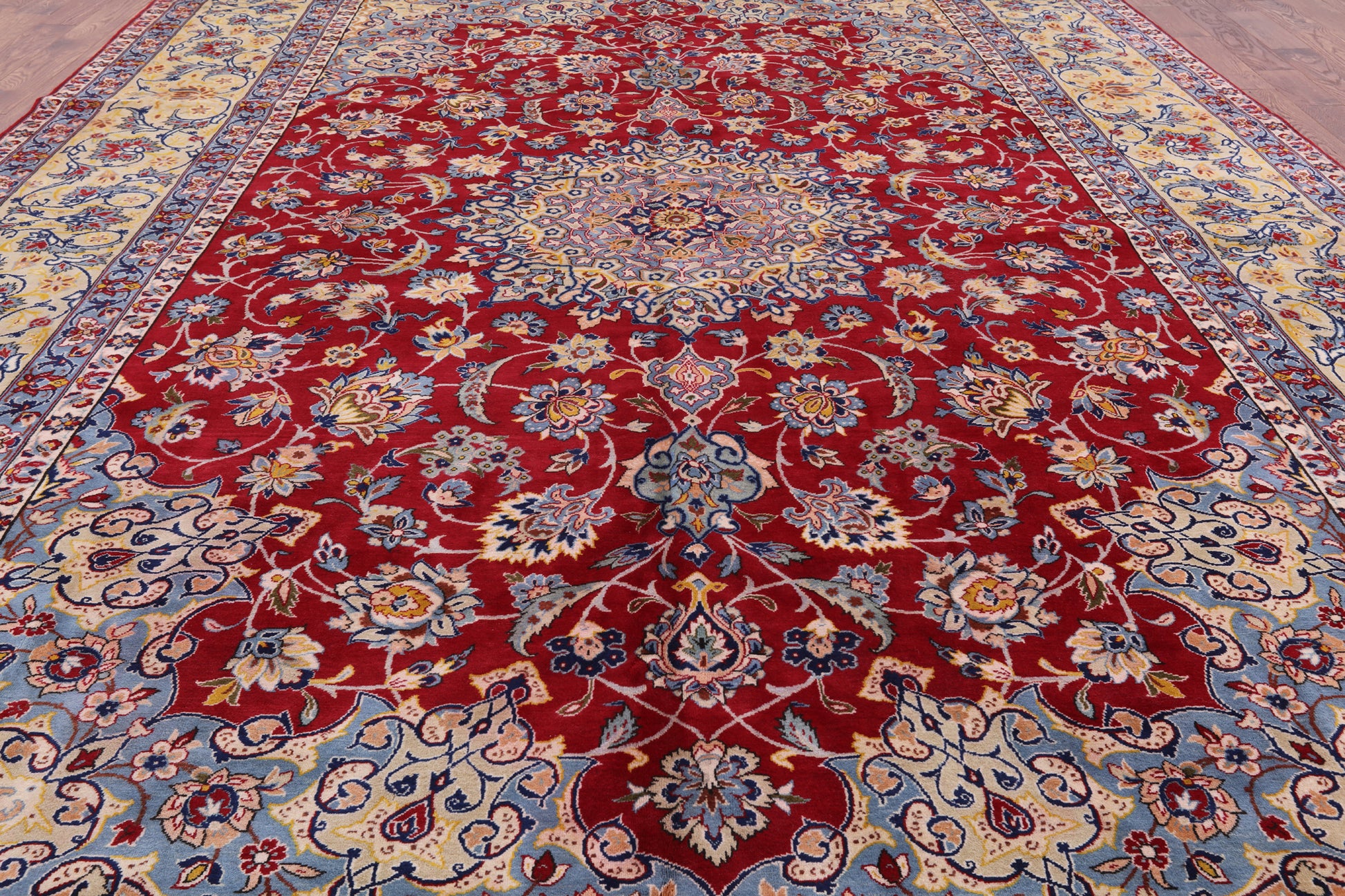 Red Fine Isfahan Hand Knotted Rug - 11' 2" X 17' 1" - Golden Nile