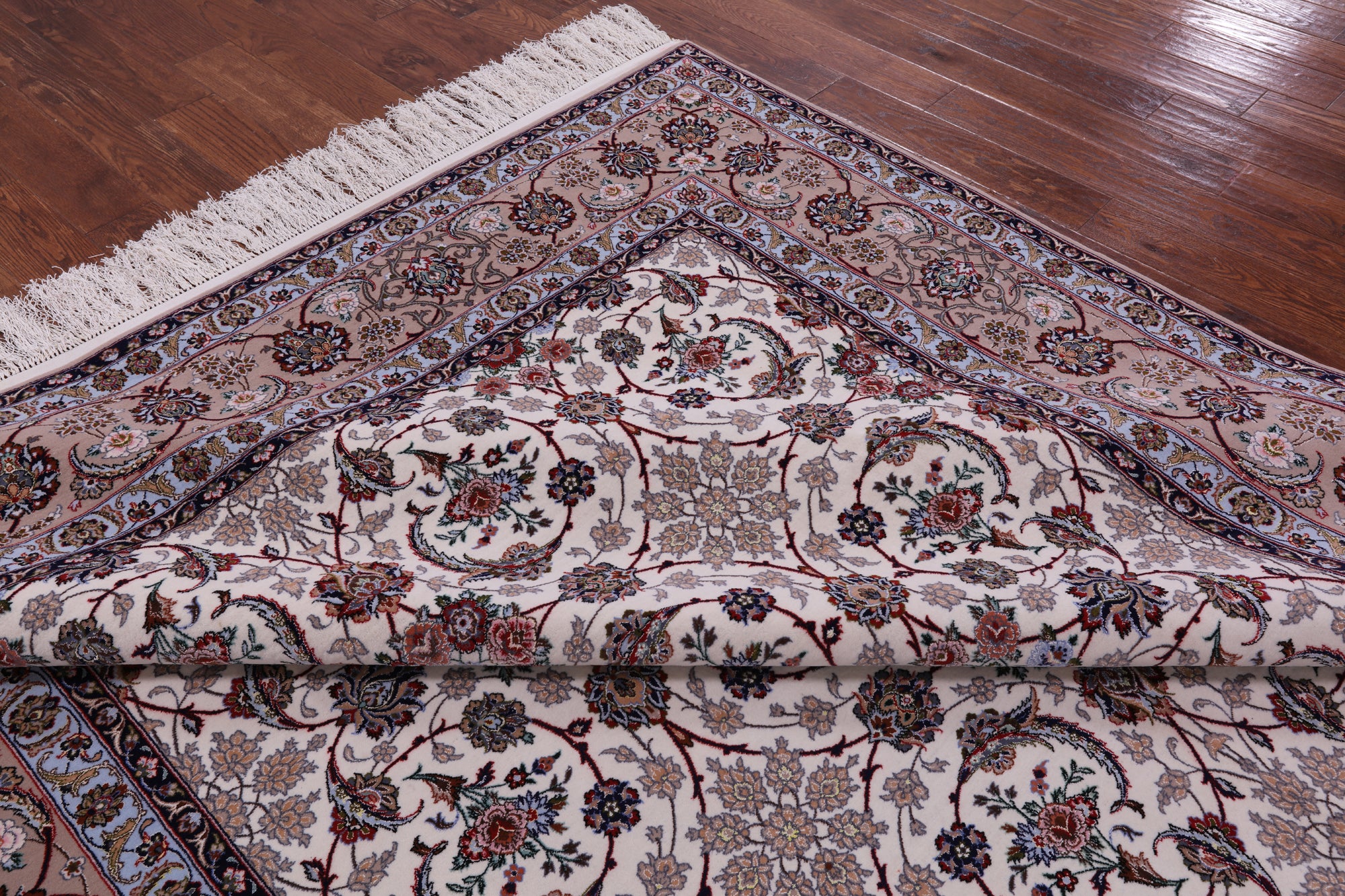 Ivory Signed Wool & Silk Persian Isfahan Rug - 8' 3" X 11' 9" - Golden Nile