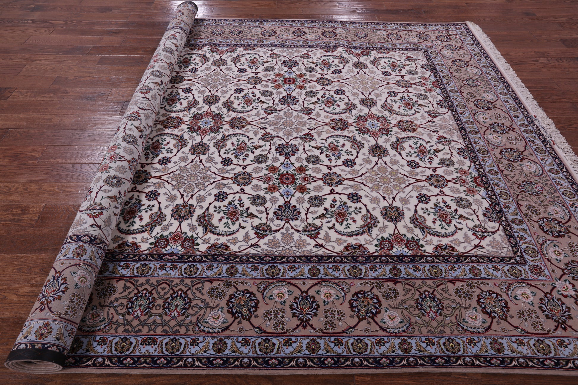 Ivory Signed Wool & Silk Persian Isfahan Rug - 8' 3" X 11' 9" - Golden Nile