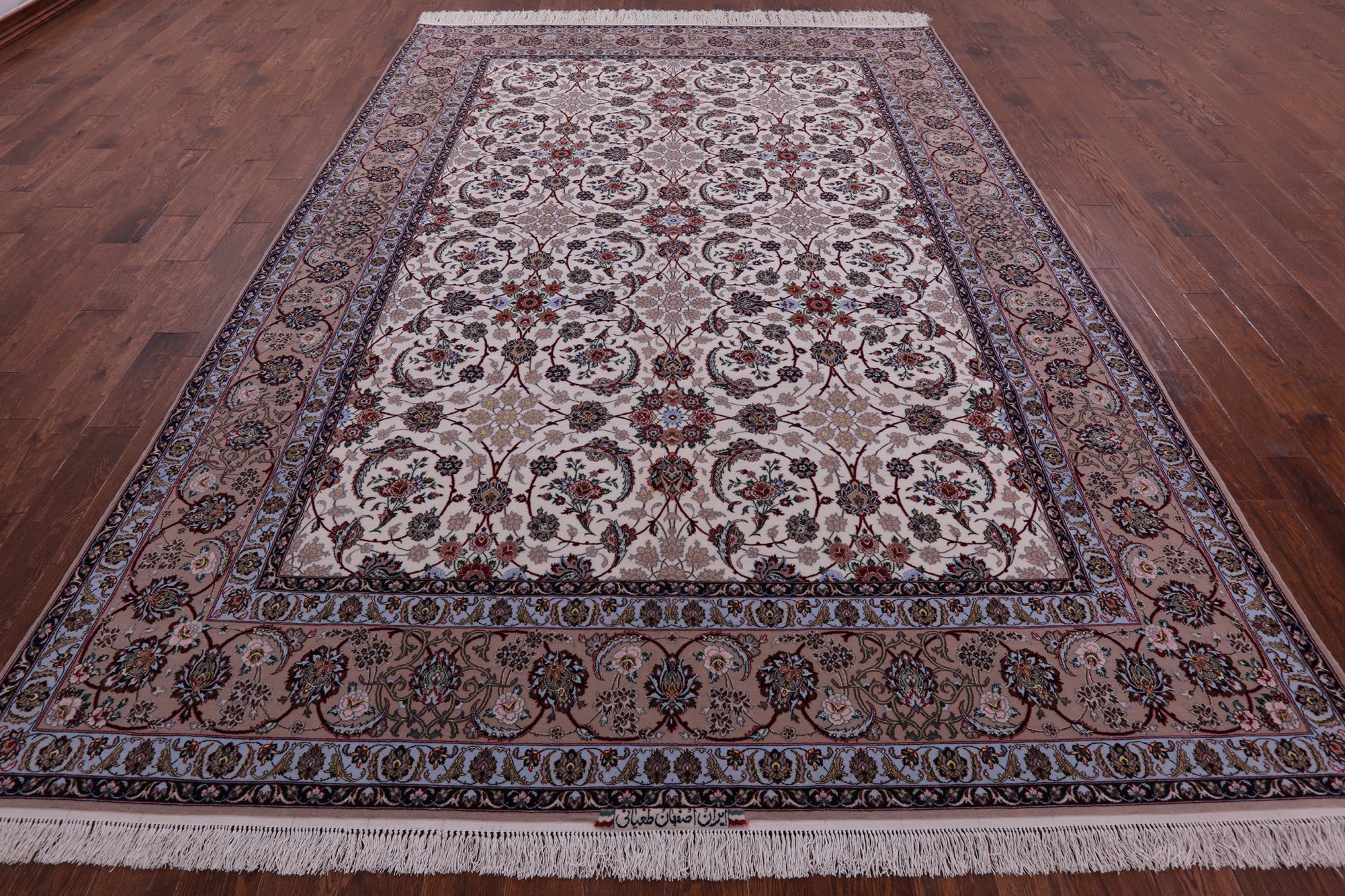 Ivory Signed Wool & Silk Persian Isfahan Rug - 8' 3" X 11' 9" - Golden Nile