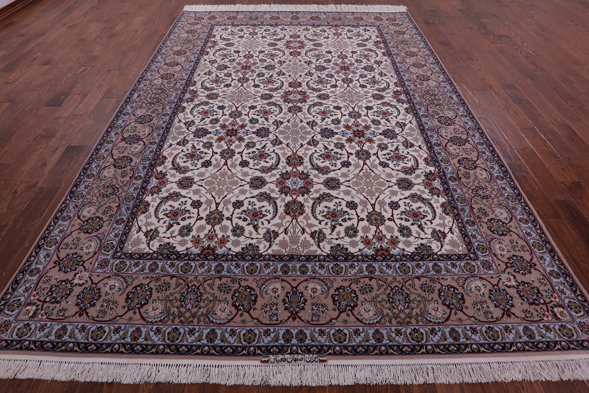 Ivory Signed Wool & Silk Persian Isfahan Rug - 8' 3" X 11' 9" - Golden Nile