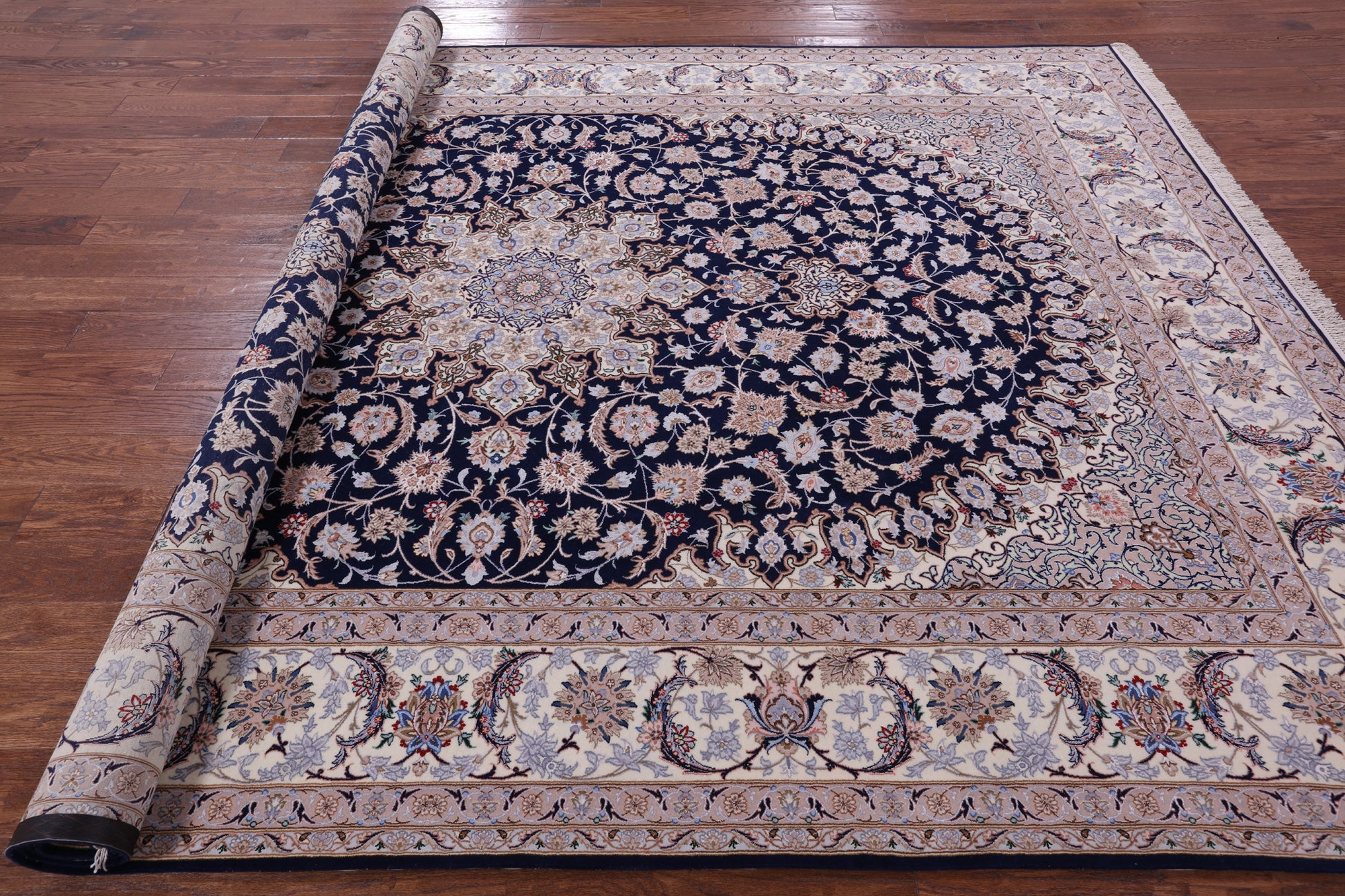 Blue Persian Isfahan Signed Wool & Silk Rug - 8' 4" X 11' 3" - Golden Nile