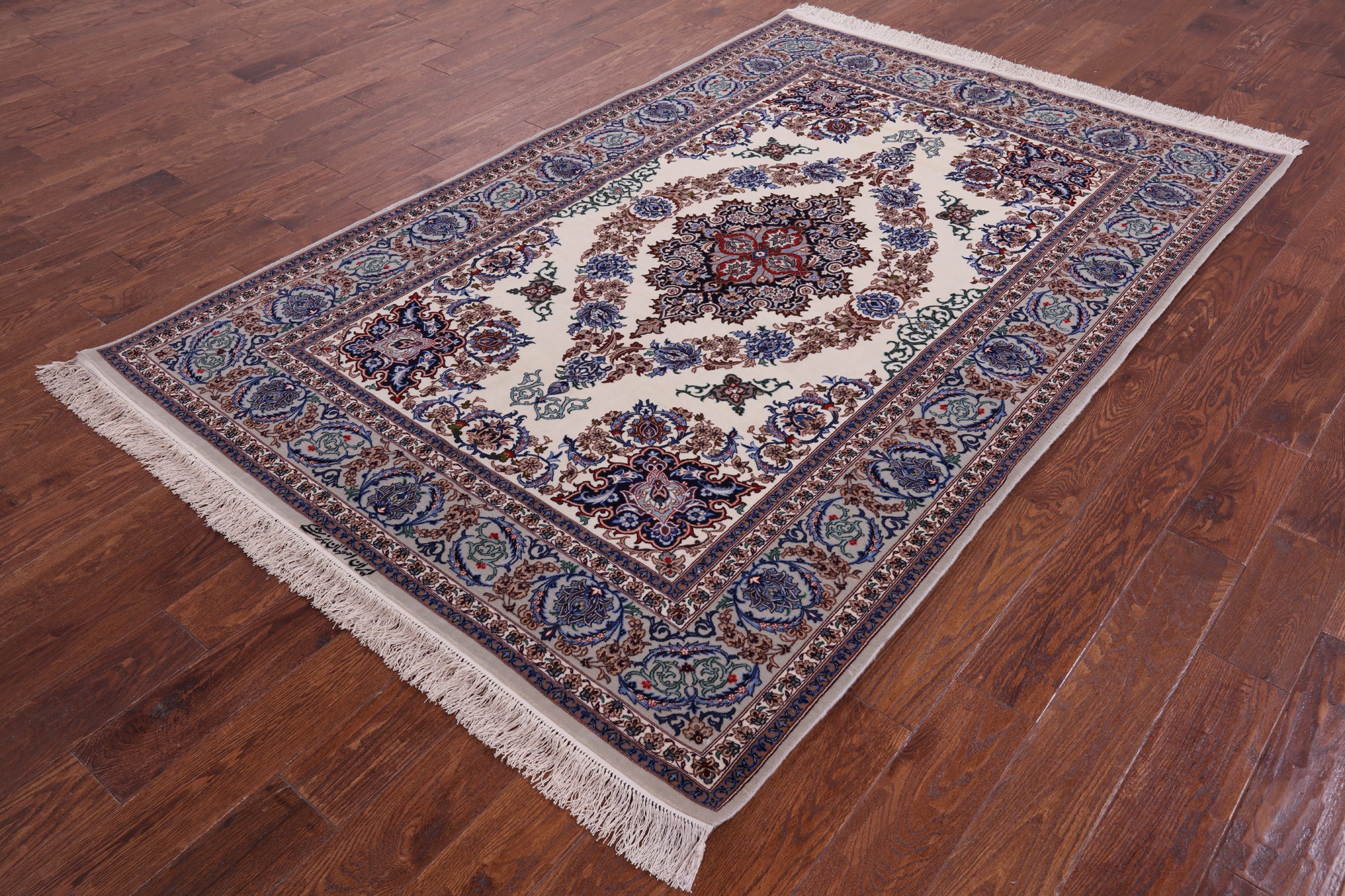 Ivory Persian Isfahan Signed Wool & Silk Rug - 5' 2" X 7' 9" - Golden Nile