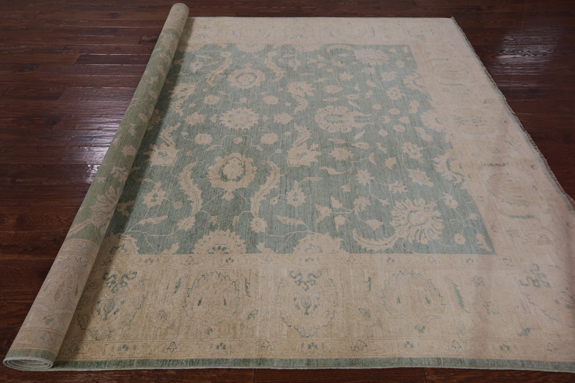Green Chobi Peshawar Hand Knotted Wool Rug - 8' 3" X 9' 8" - Golden Nile