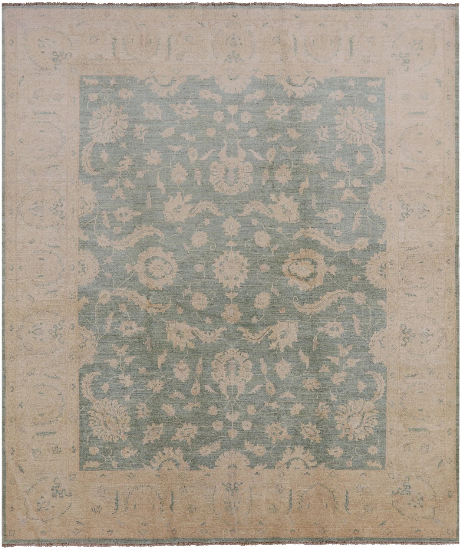 Green Chobi Peshawar Hand Knotted Wool Rug - 8' 3" X 9' 8" - Golden Nile