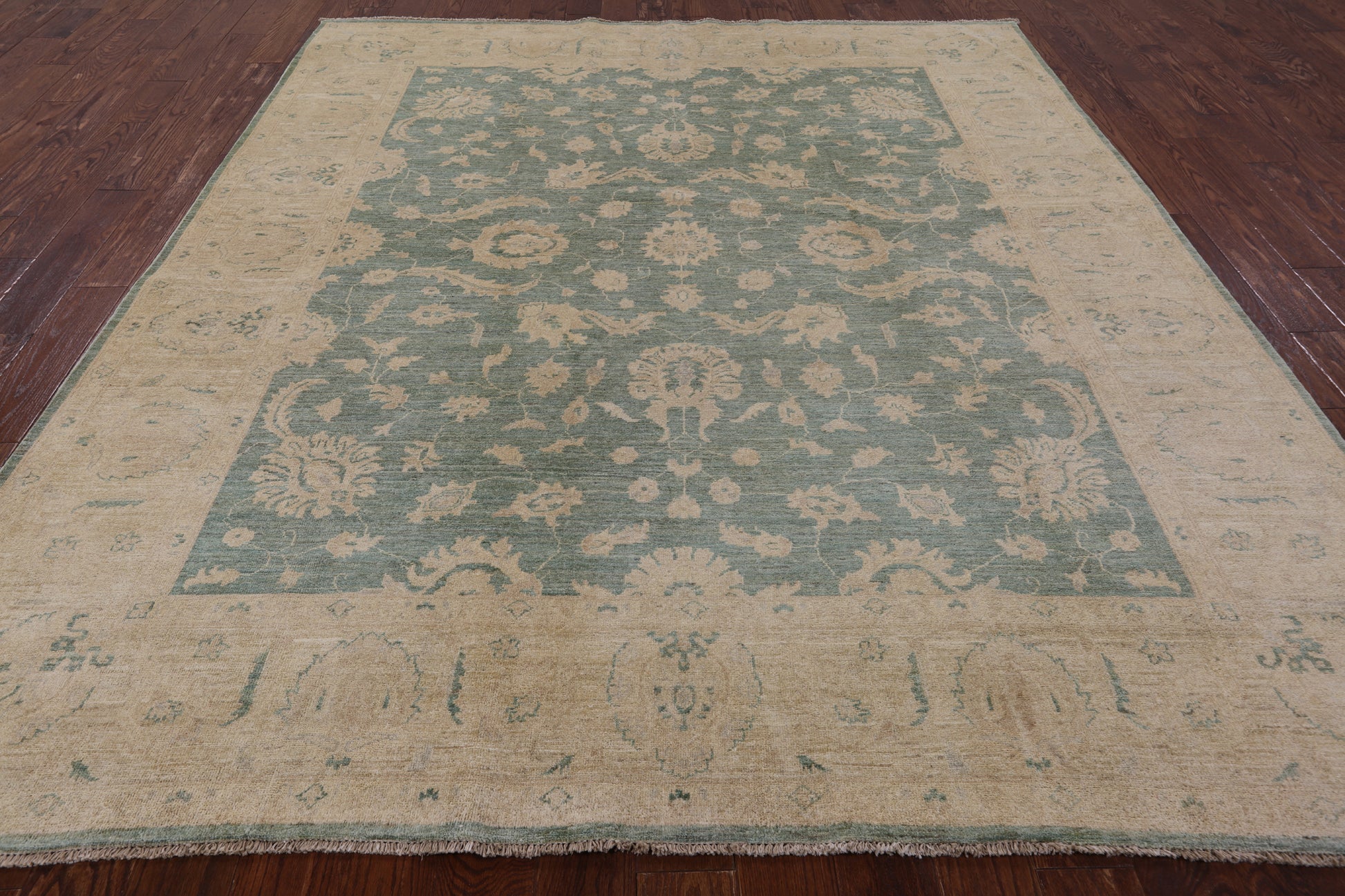 Green Chobi Peshawar Hand Knotted Wool Rug - 8' 3" X 9' 8" - Golden Nile