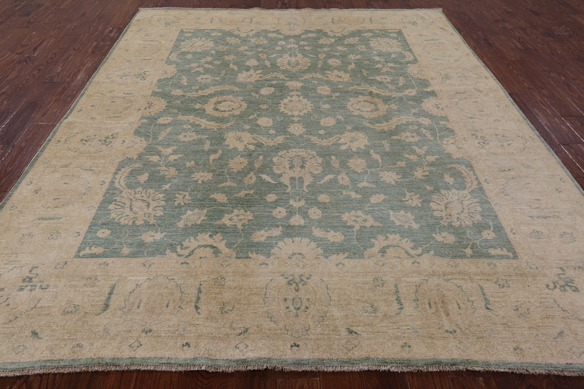 Green Chobi Peshawar Hand Knotted Wool Rug - 8' 3" X 9' 8" - Golden Nile