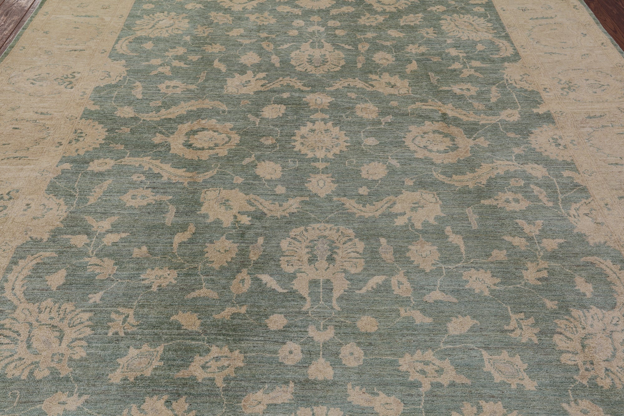 Green Chobi Peshawar Hand Knotted Wool Rug - 8' 3" X 9' 8" - Golden Nile